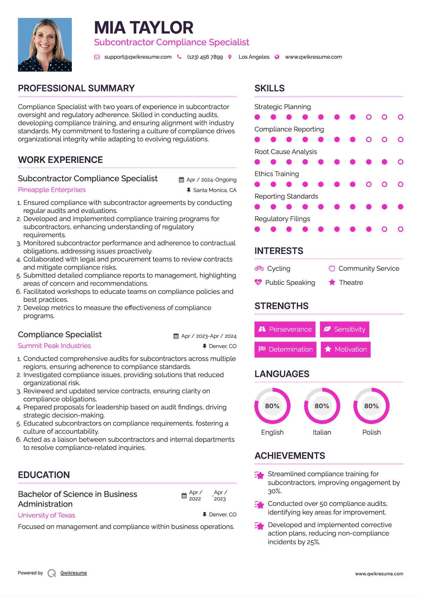 Subcontractor Compliance Specialist Resume Format