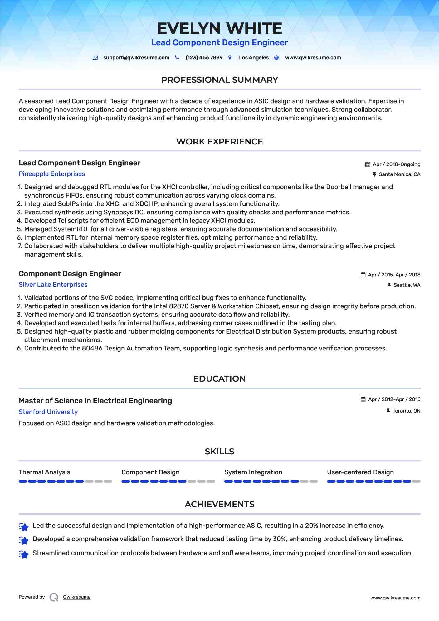 Lead Component Design Engineer Resume Model