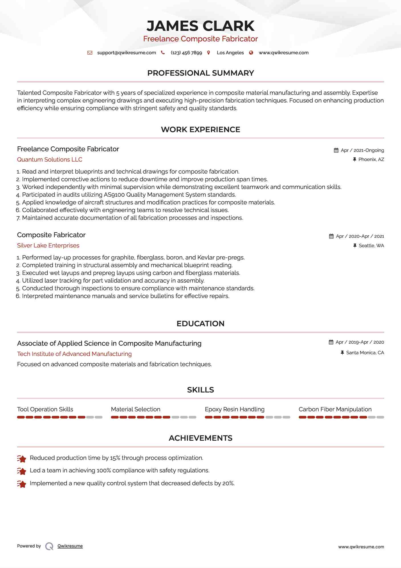 Freelance Composite Fabricator Resume Sample