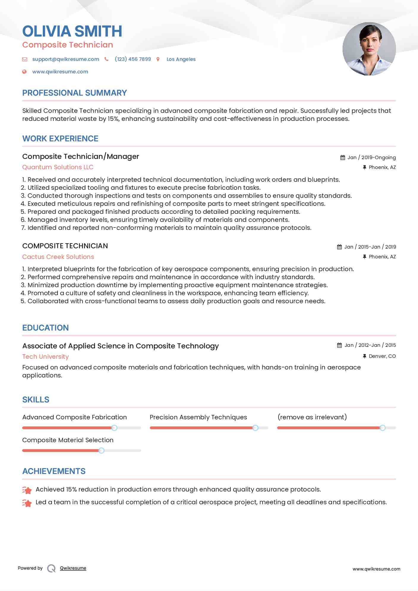 Composite Technician/Manager Resume Format