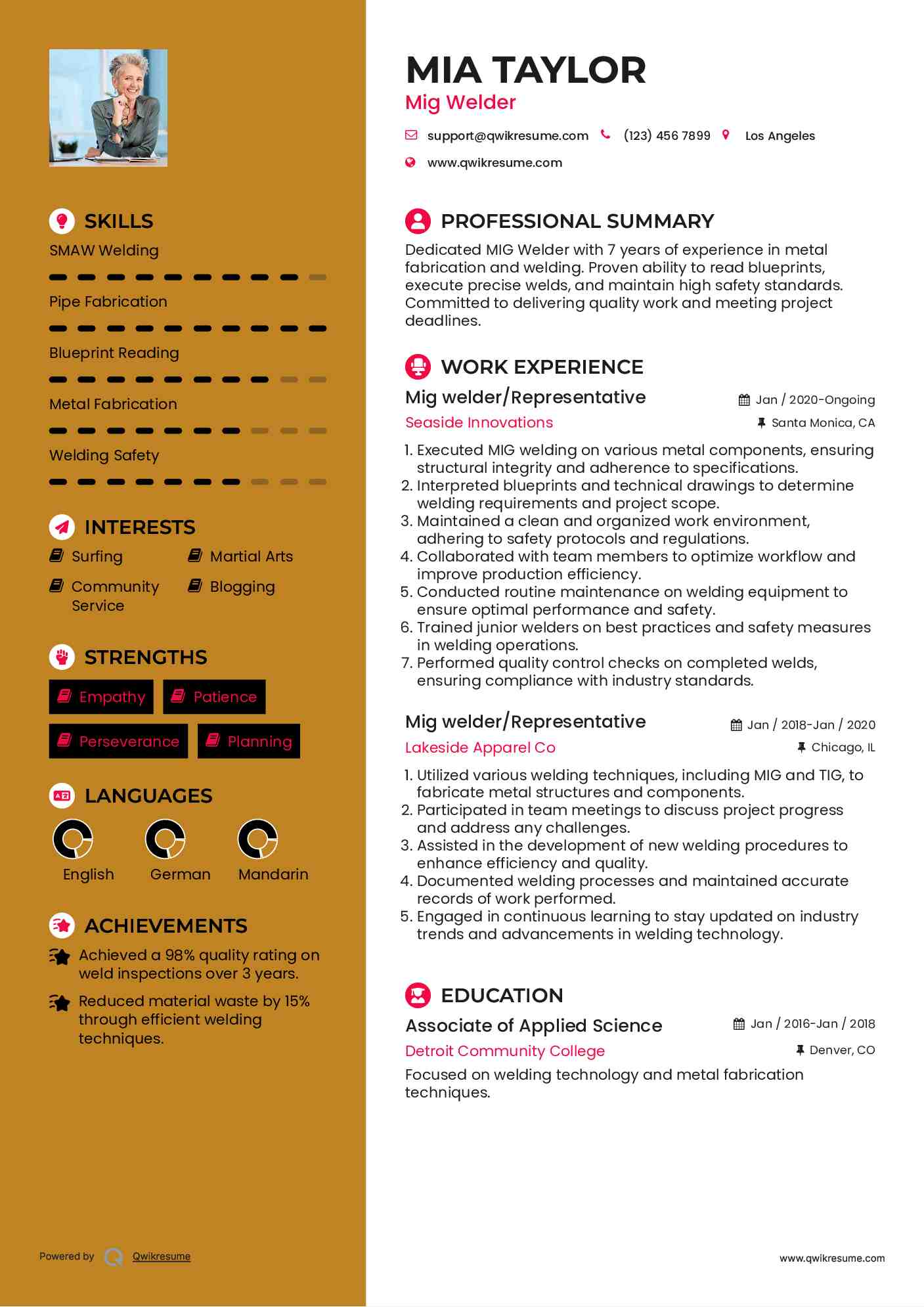 Mig welder/Representative Resume Model