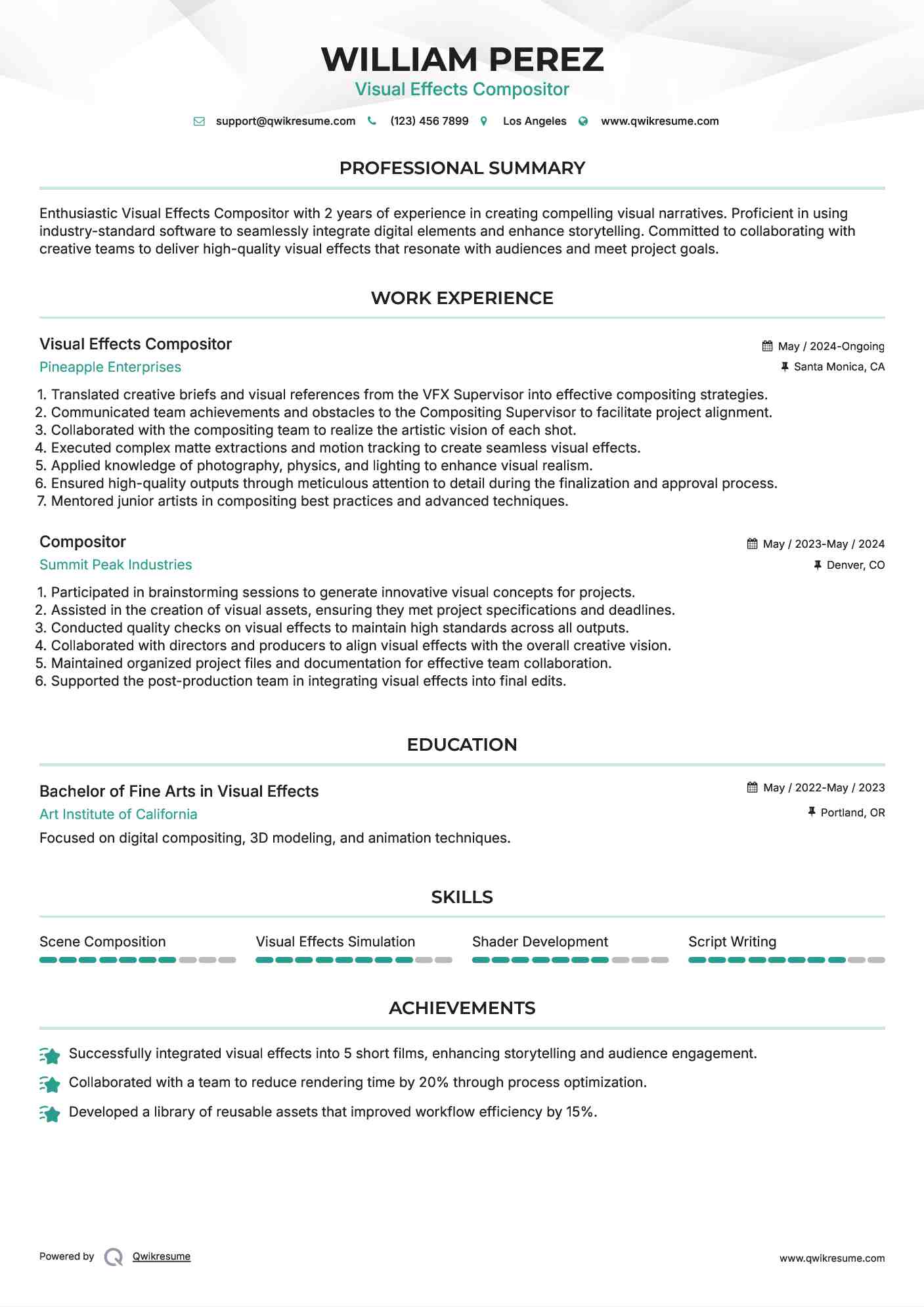 Visual Effects Compositor Resume Template