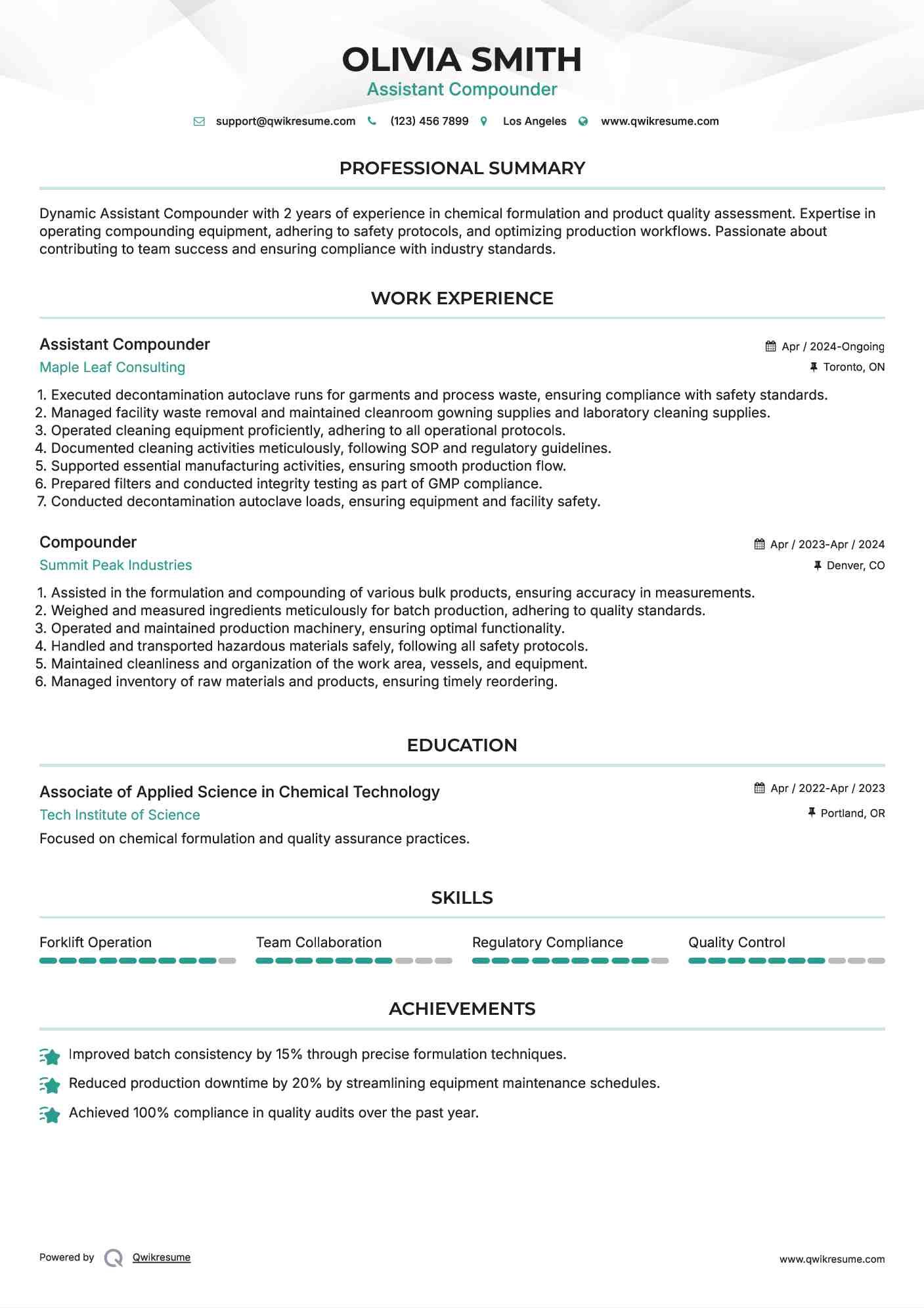 Assistant Compounder  Resume Sample