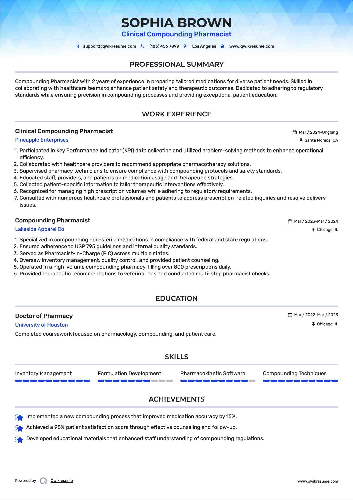 Clinical Compounding Pharmacist Resume Format