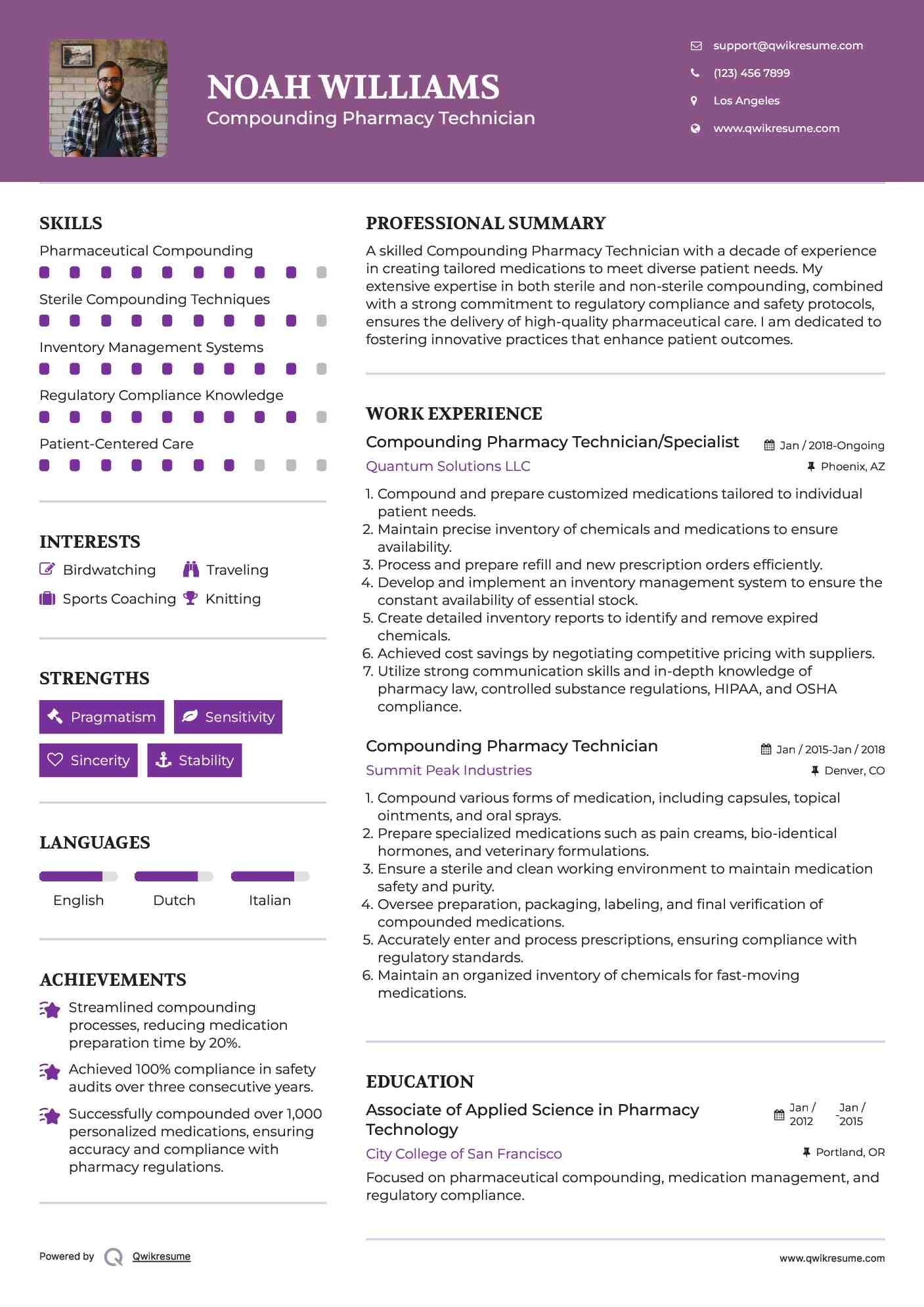 Compounding Pharmacy Technician Resume Samples QwikResume