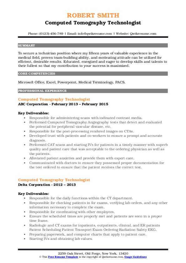 Computed Tomography Technologist Resume Samples QwikResume