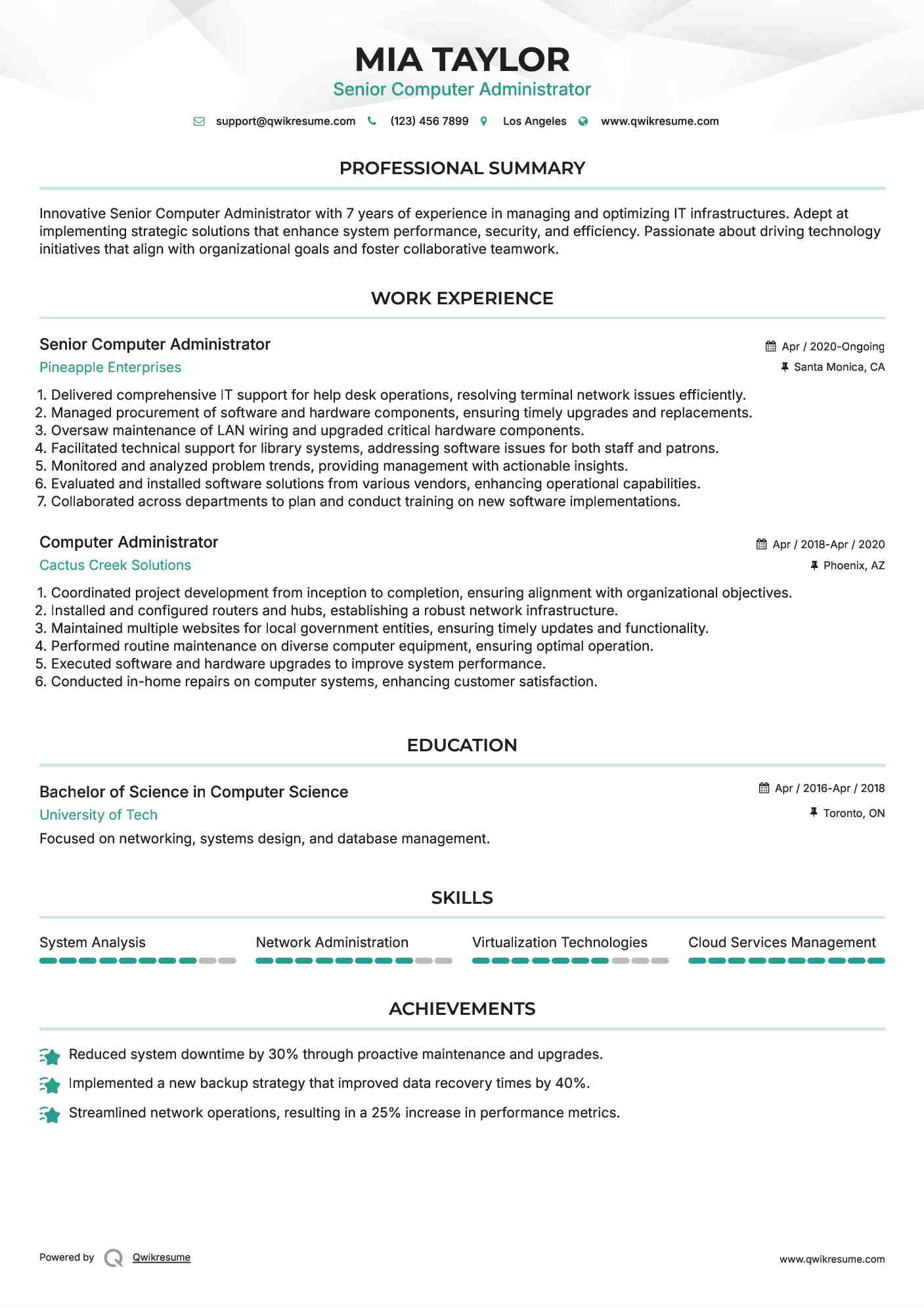 Senior Computer Administrator Resume Example