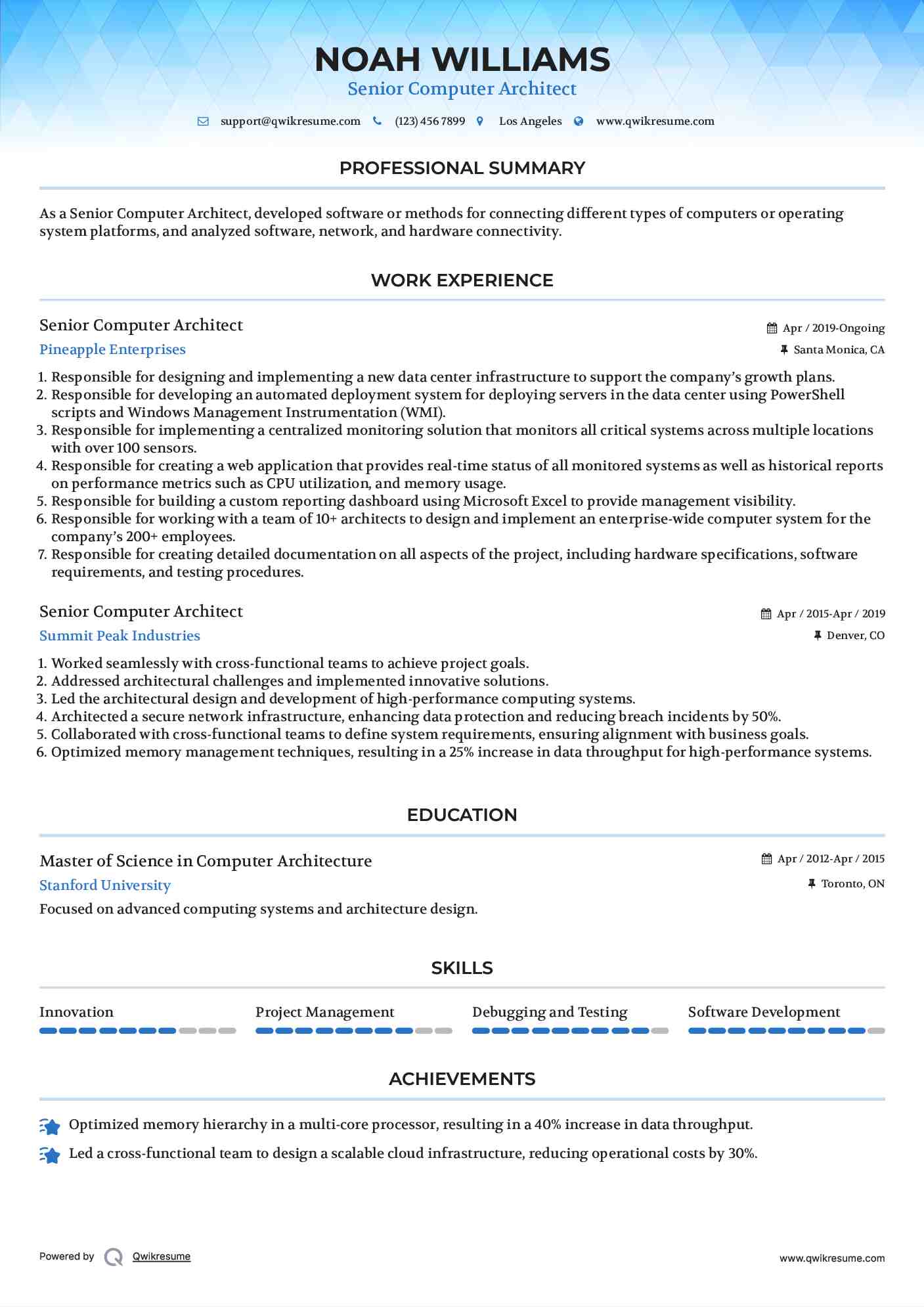 Senior Computer Architect Resume Sample