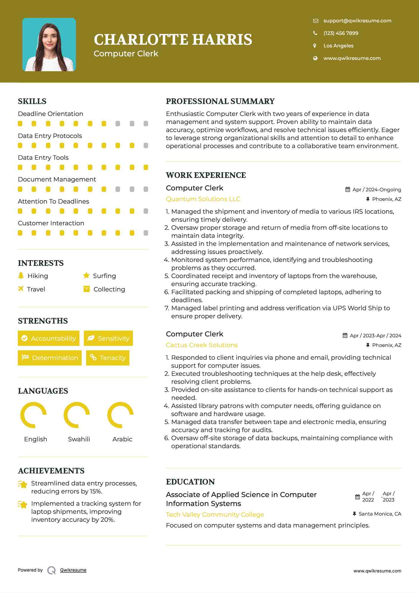 Computer Clerk Resume Sample