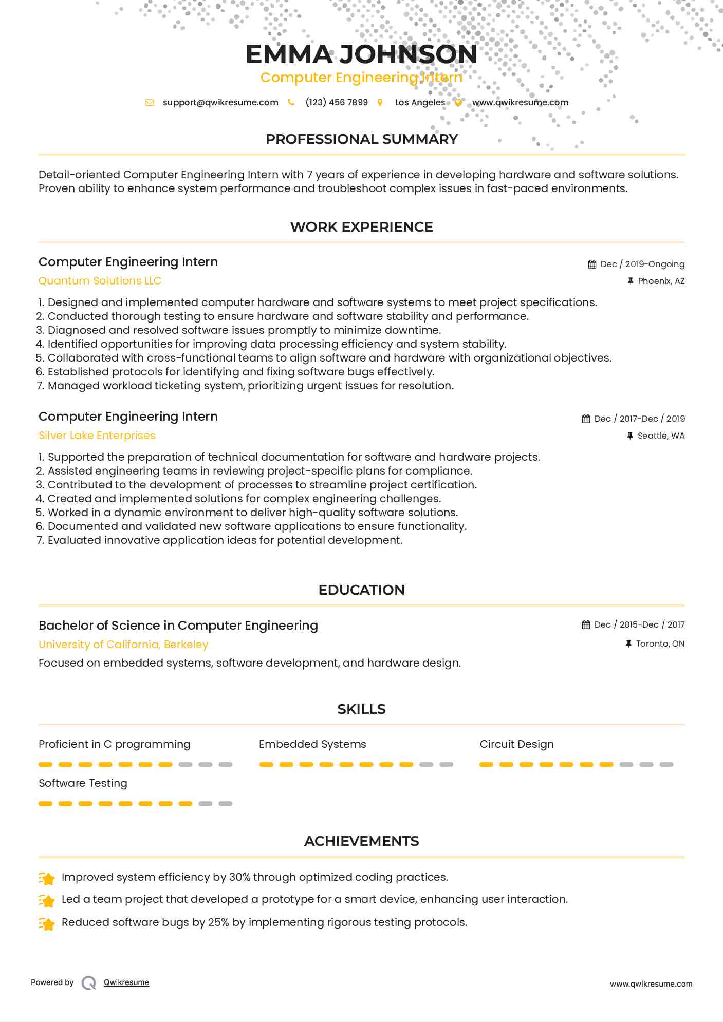 Computer Engineering Intern Resume Sample