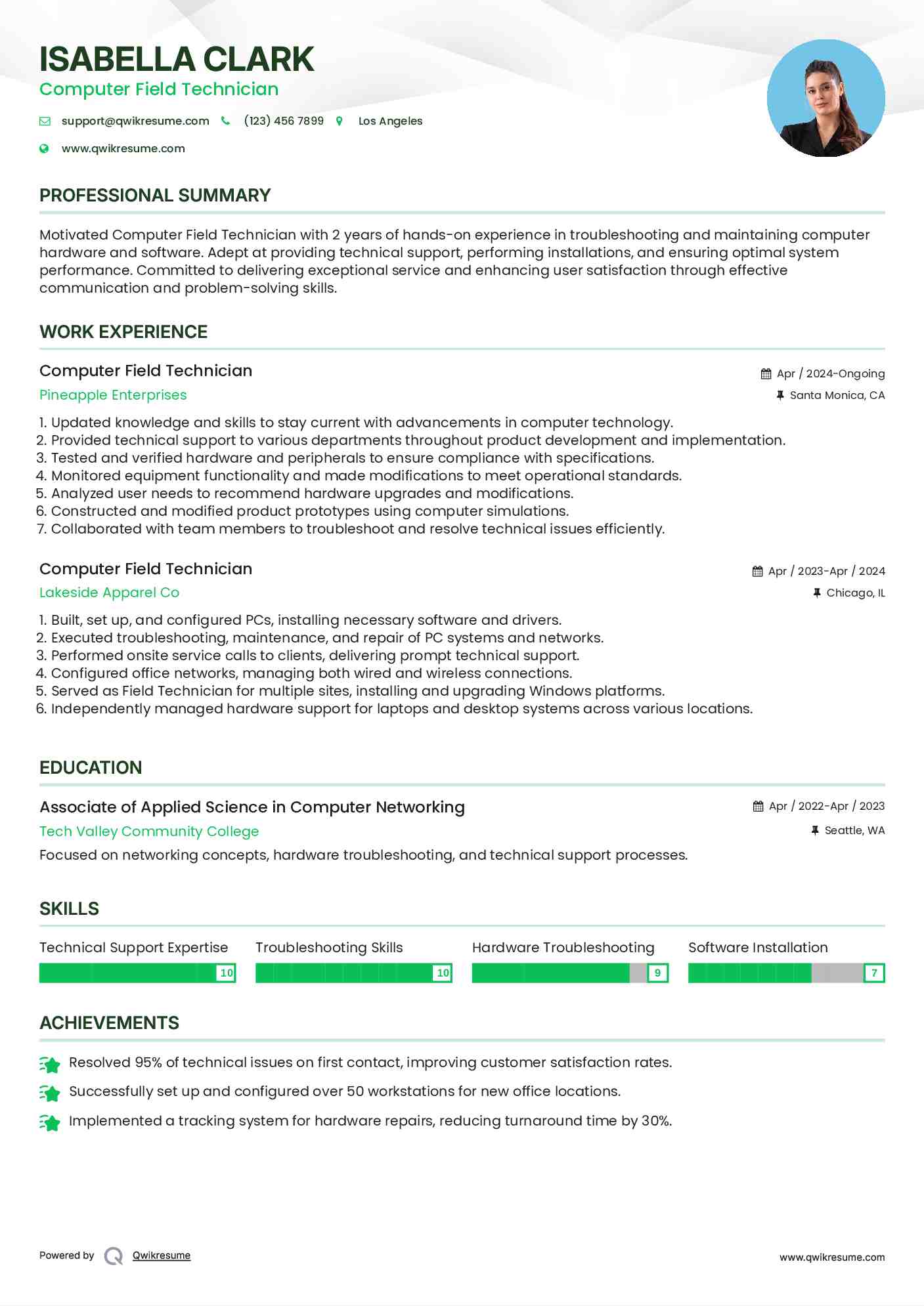 Computer Field Technician Resume Sample