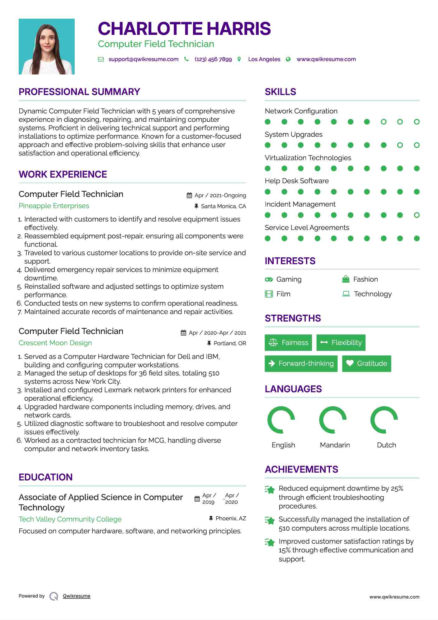 Computer Field Technician Resume Example