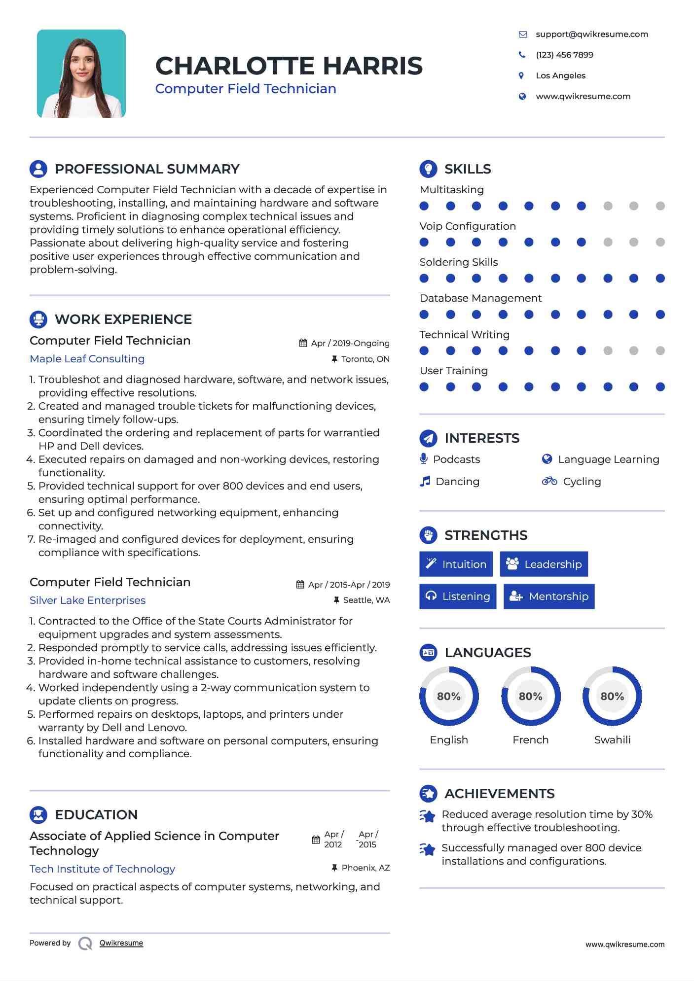 Computer Field Technician Resume Sample