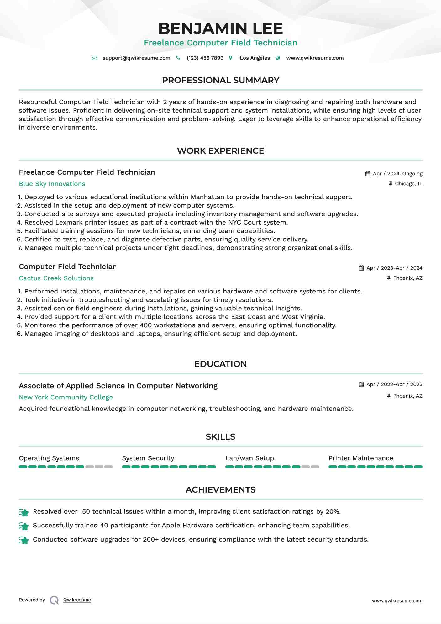 Freelance Computer Field Technician Resume Sample