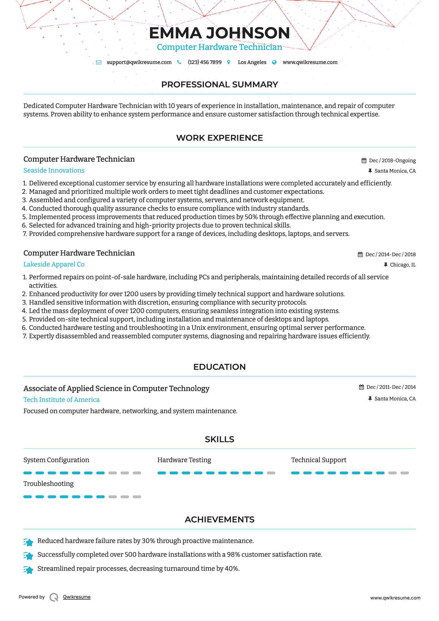 Computer Hardware Technician Resume Model