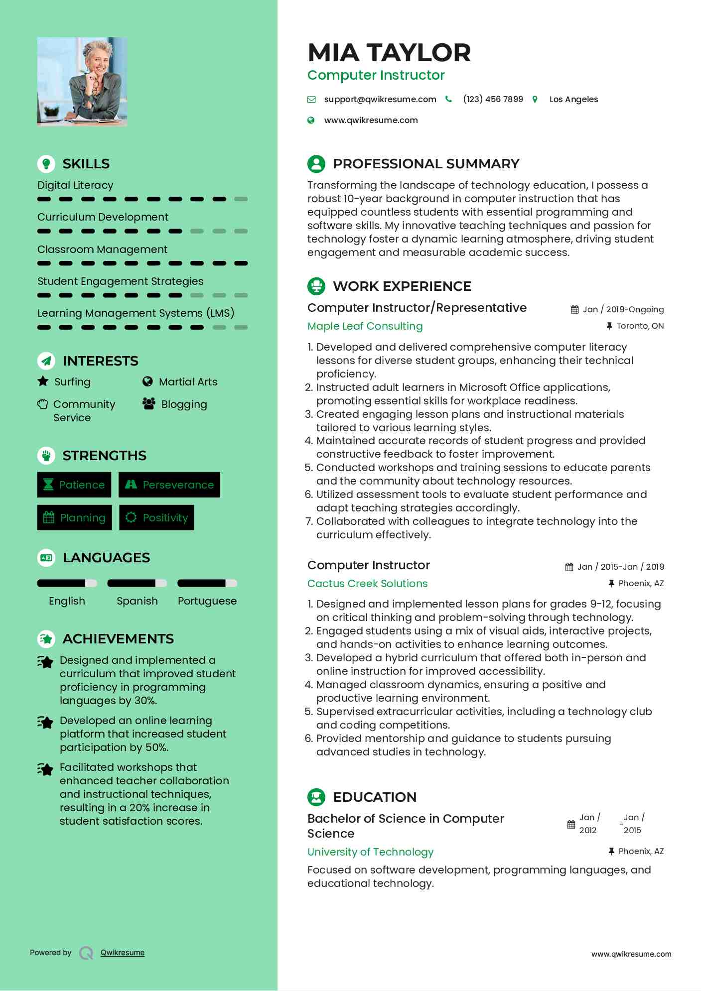 Computer Instructor/Representative Resume Model