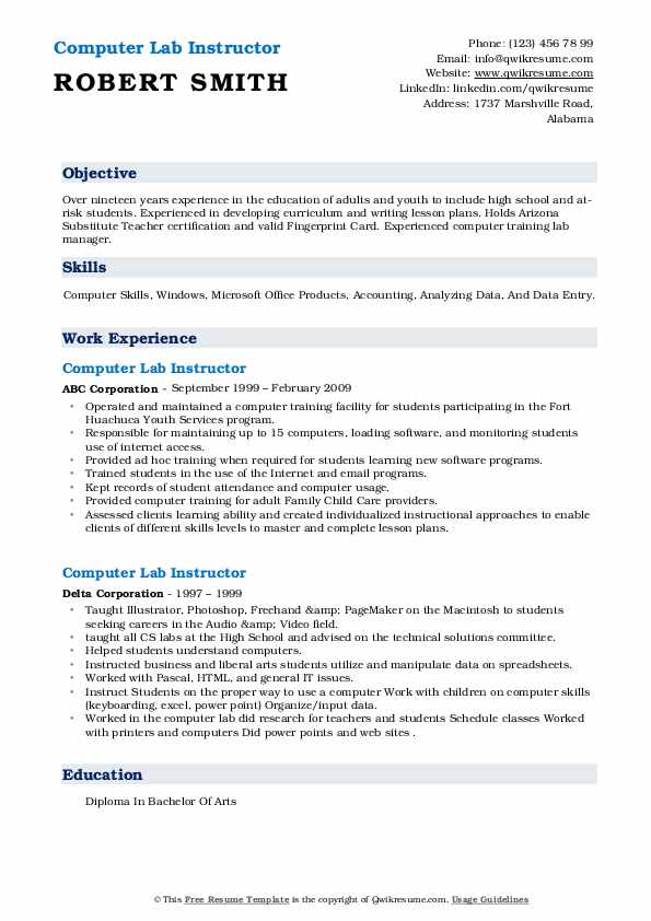 Computer Lab Instructor Resume Samples QwikResume