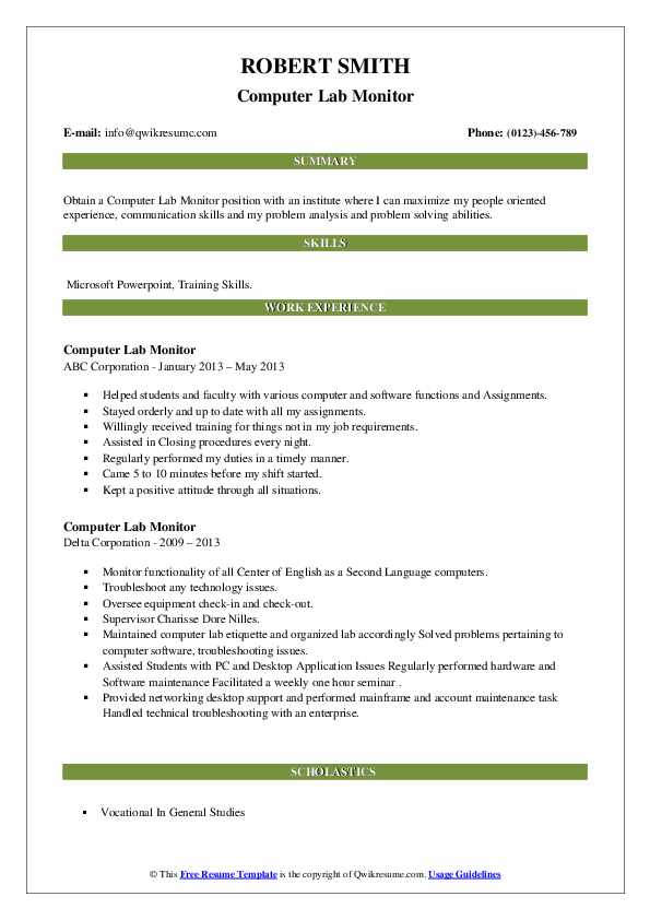 Computer Lab Monitor Resume Samples QwikResume