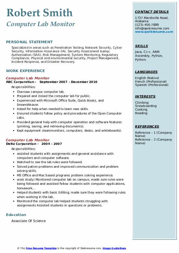 Computer Lab Monitor Resume Samples QwikResume