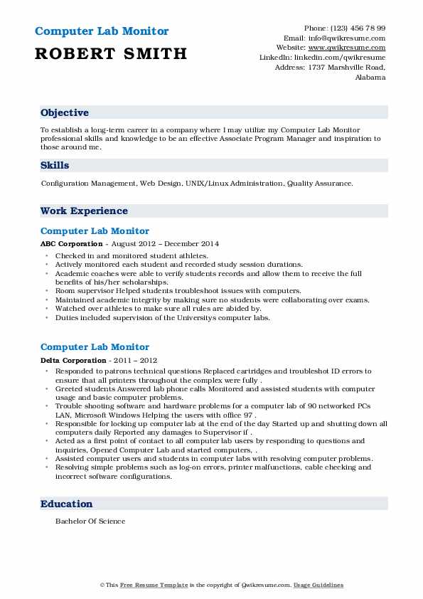 Computer Lab Monitor Resume Samples QwikResume