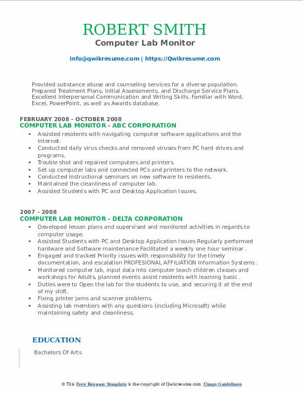 Computer Lab Monitor Resume Samples QwikResume
