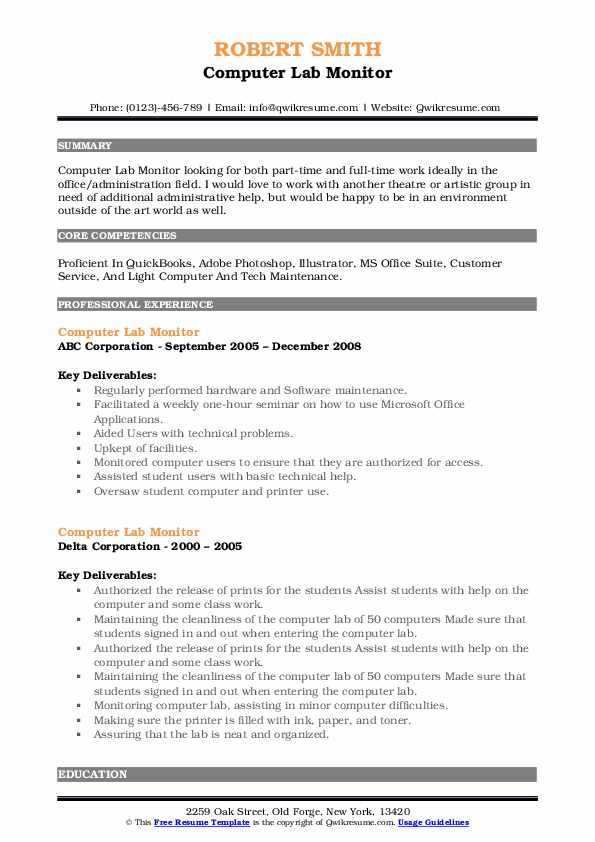 Computer Lab Monitor Resume Samples QwikResume