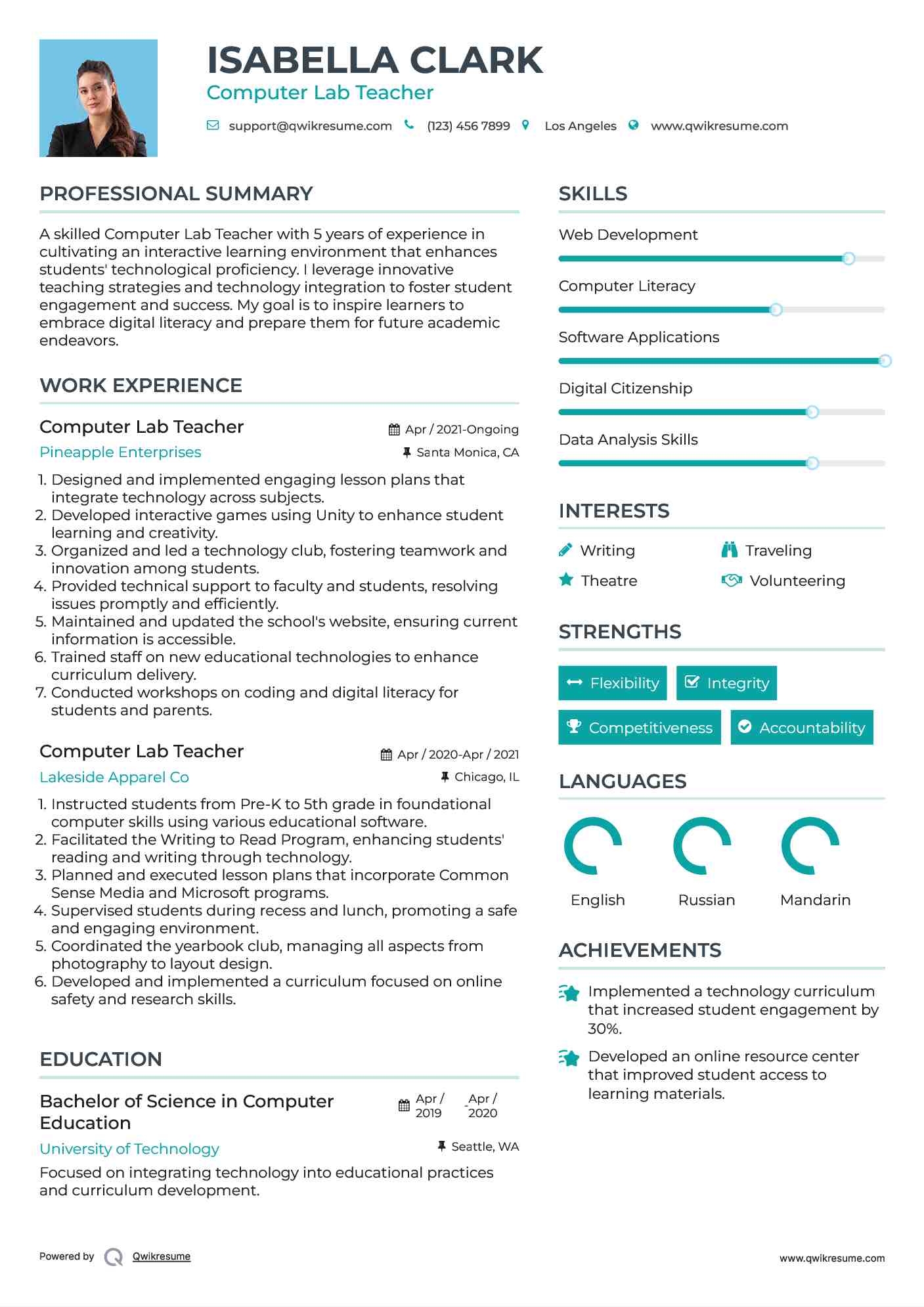 Computer Lab Teacher Resume Sample