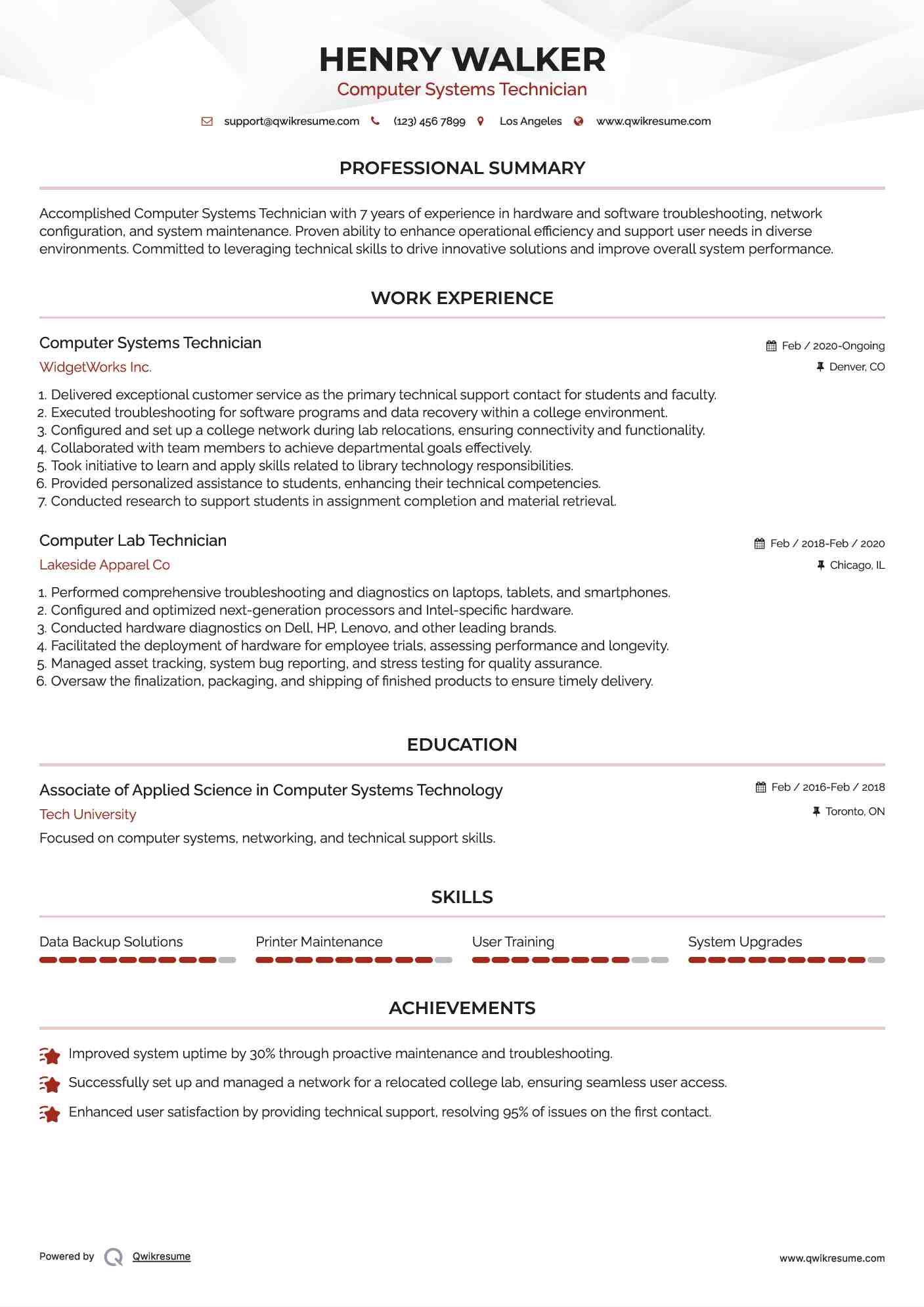 Computer Systems Technician Resume Example