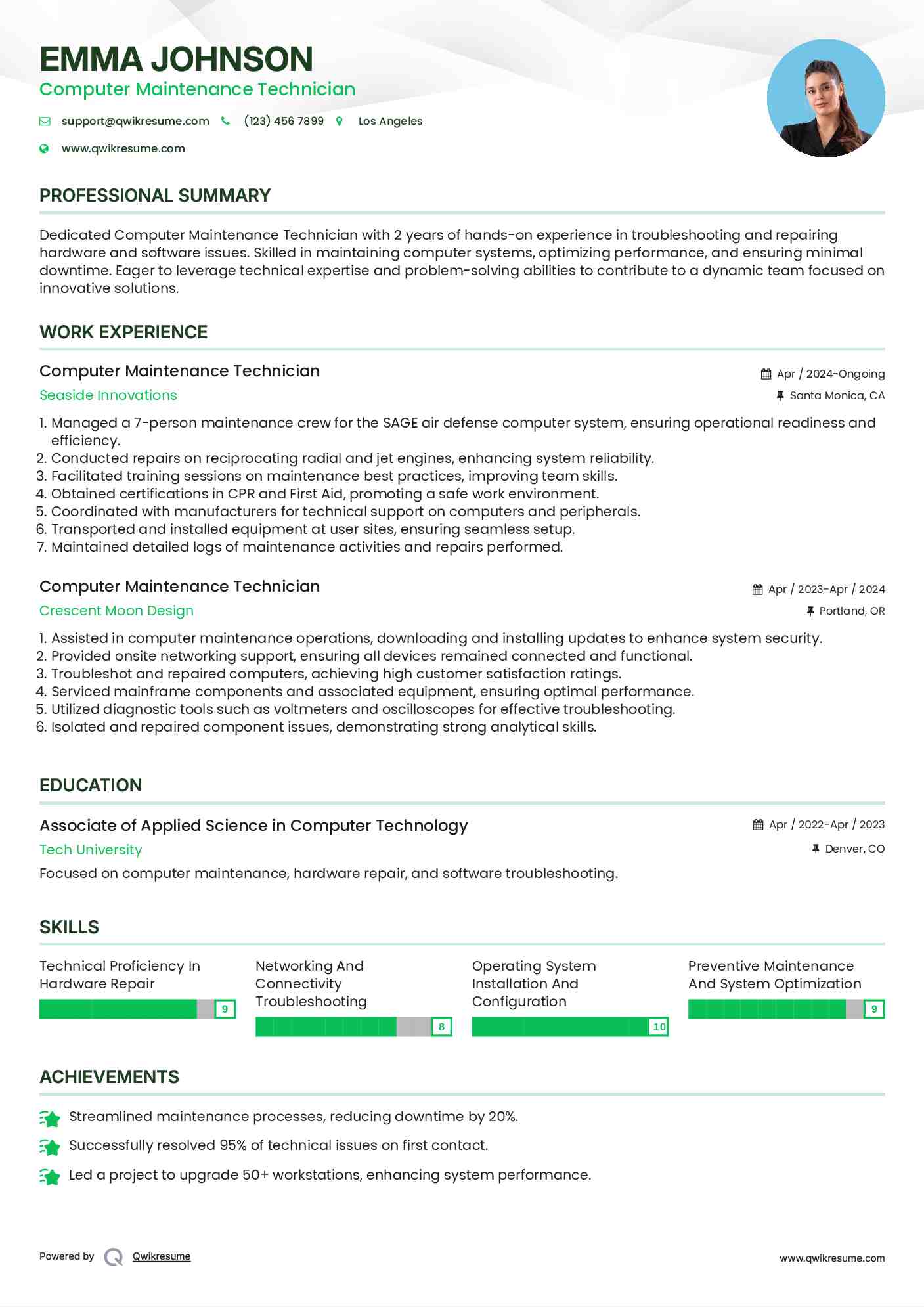 Computer Maintenance Technician Resume Example