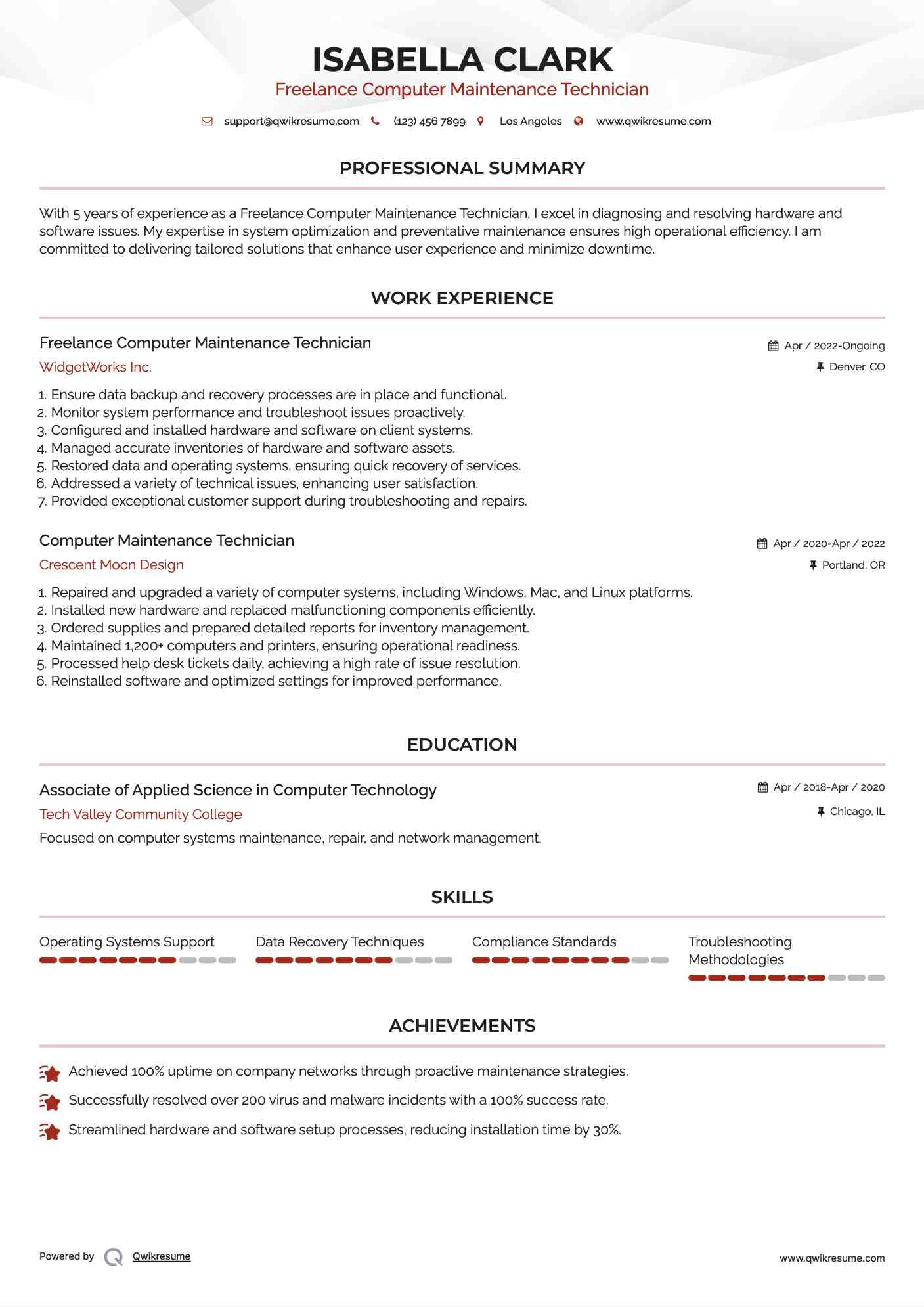Freelance Computer Maintenance Technician Resume Template