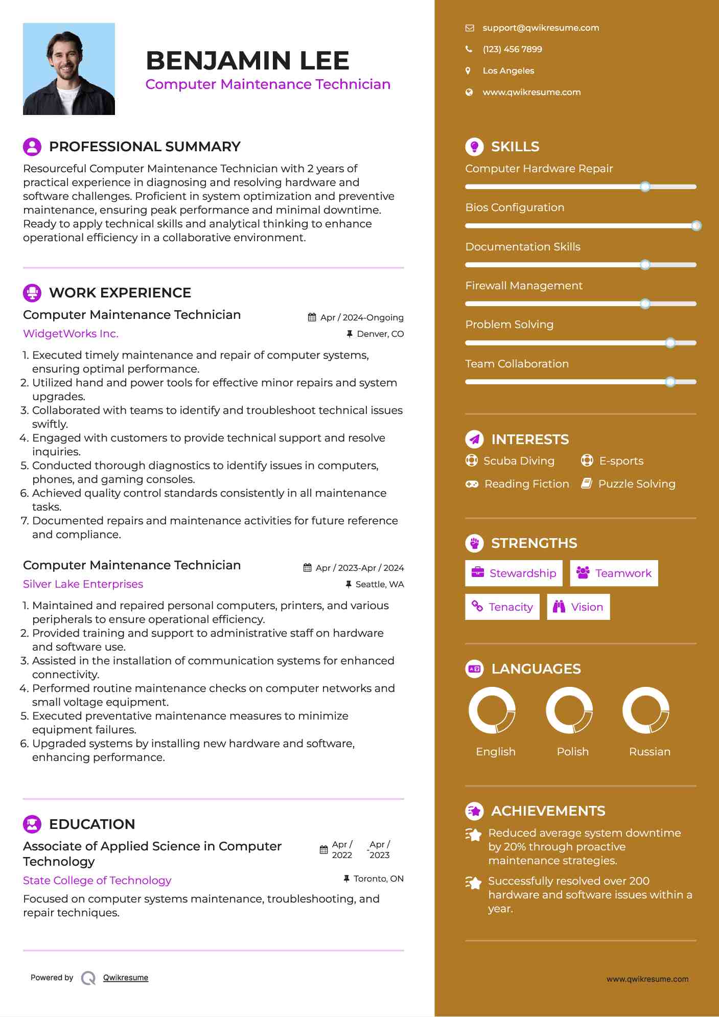 Computer Maintenance Technician Resume Example