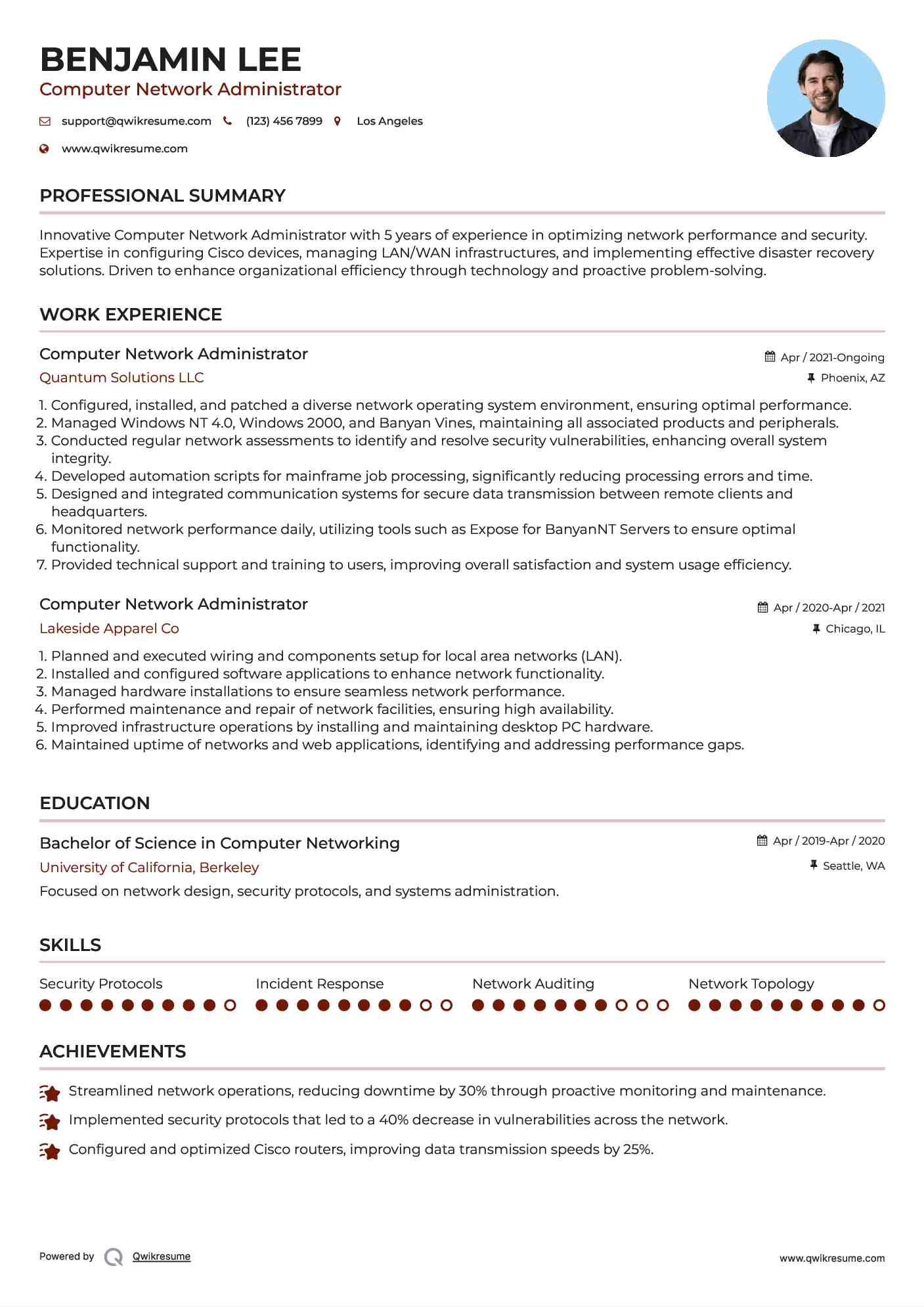 Computer Network Administrator Resume Example