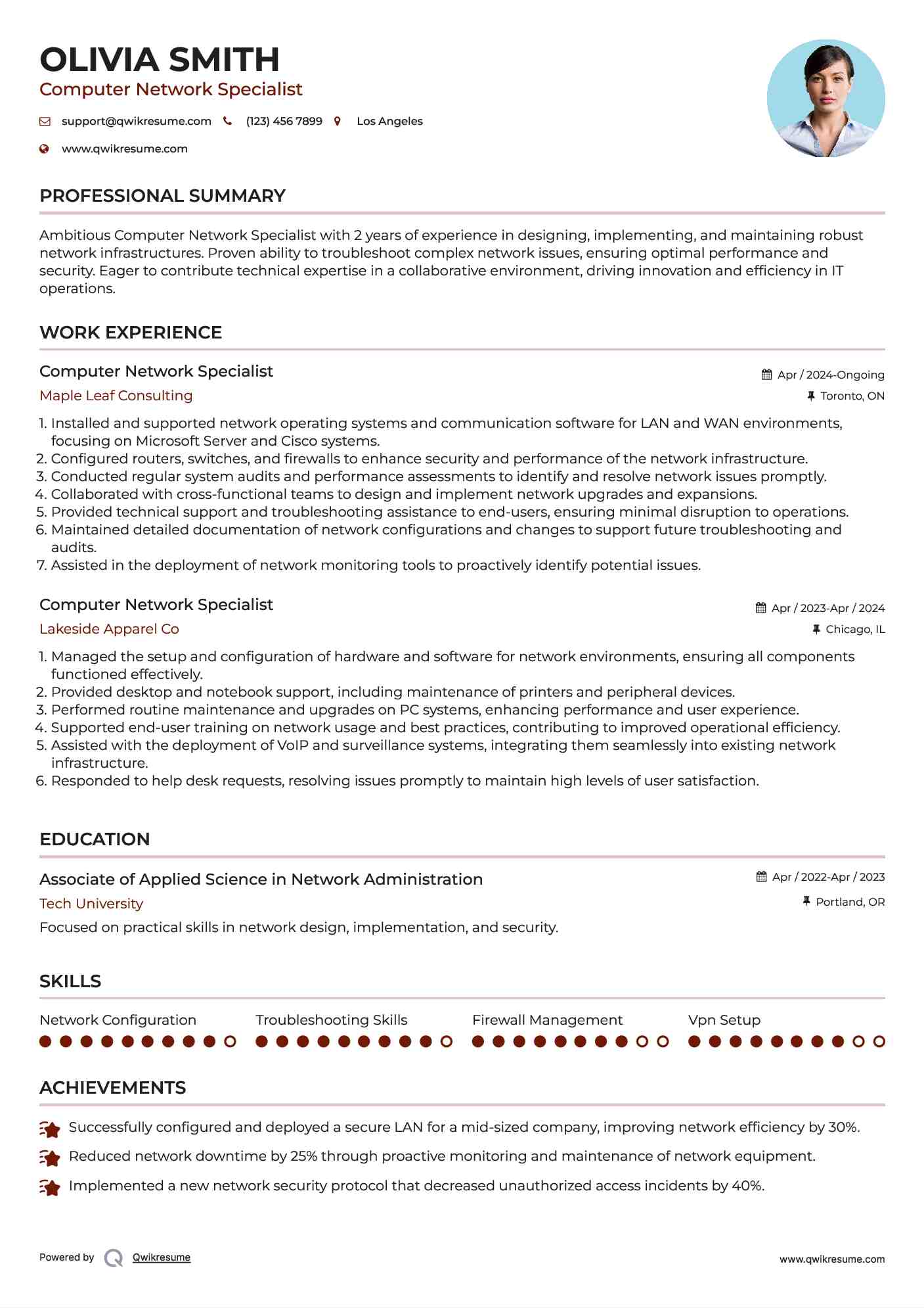 Computer Network Specialist Resume Format