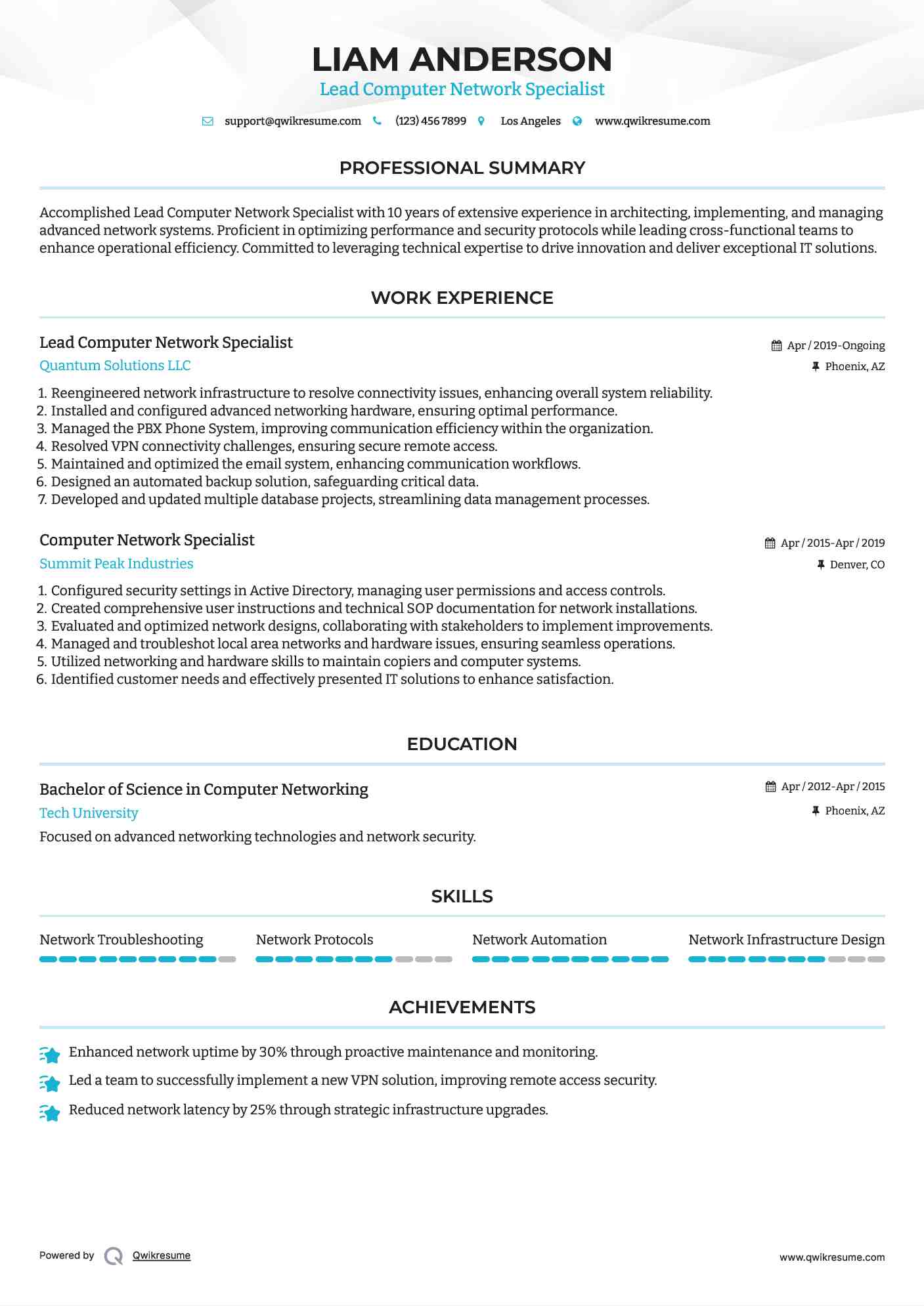 Lead Computer Network Specialist Resume Example