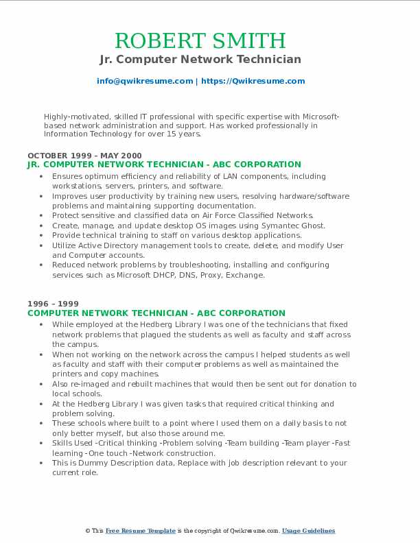 Computer Network Technician Resume Samples QwikResume