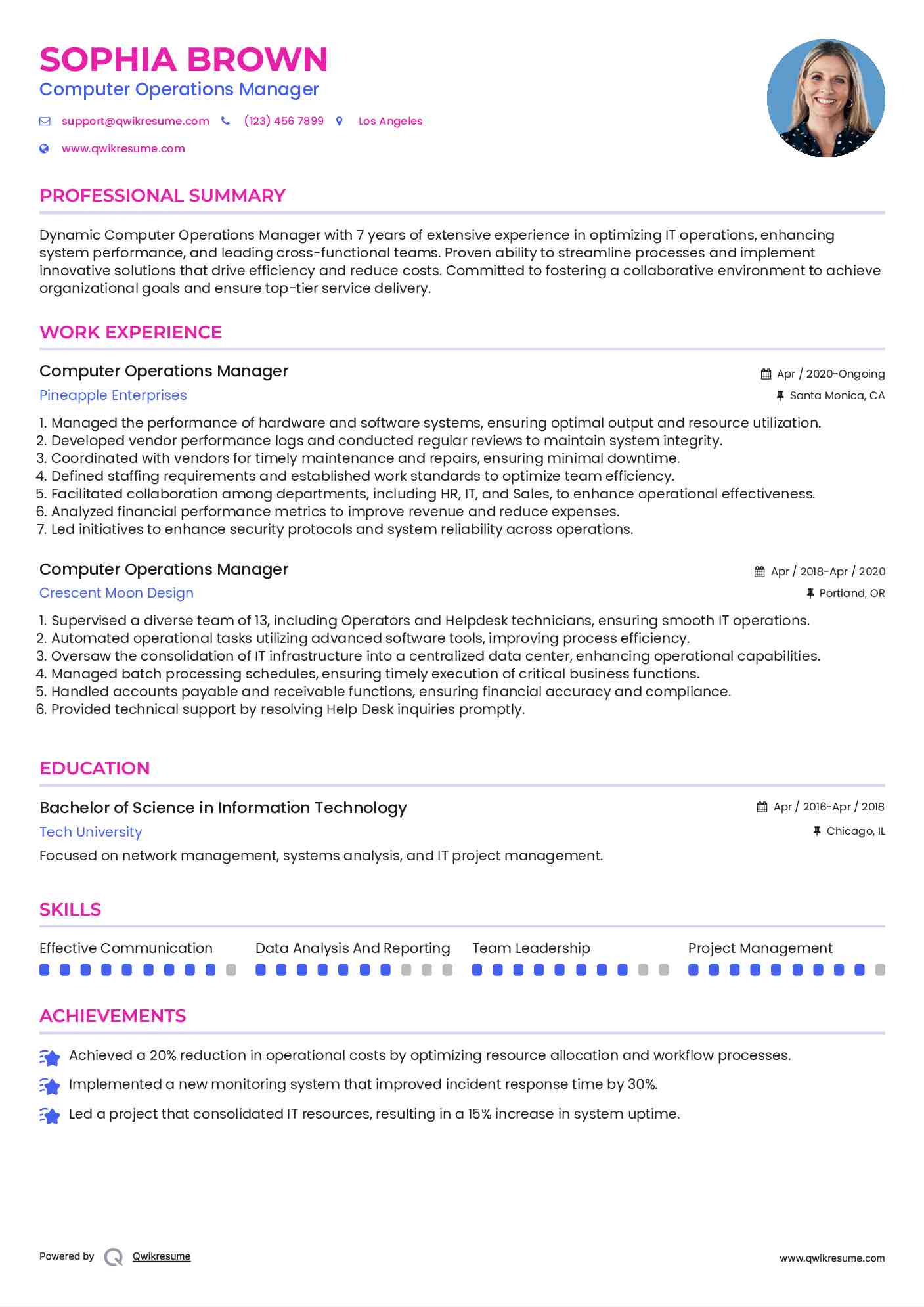 Computer Operations Manager Resume Example