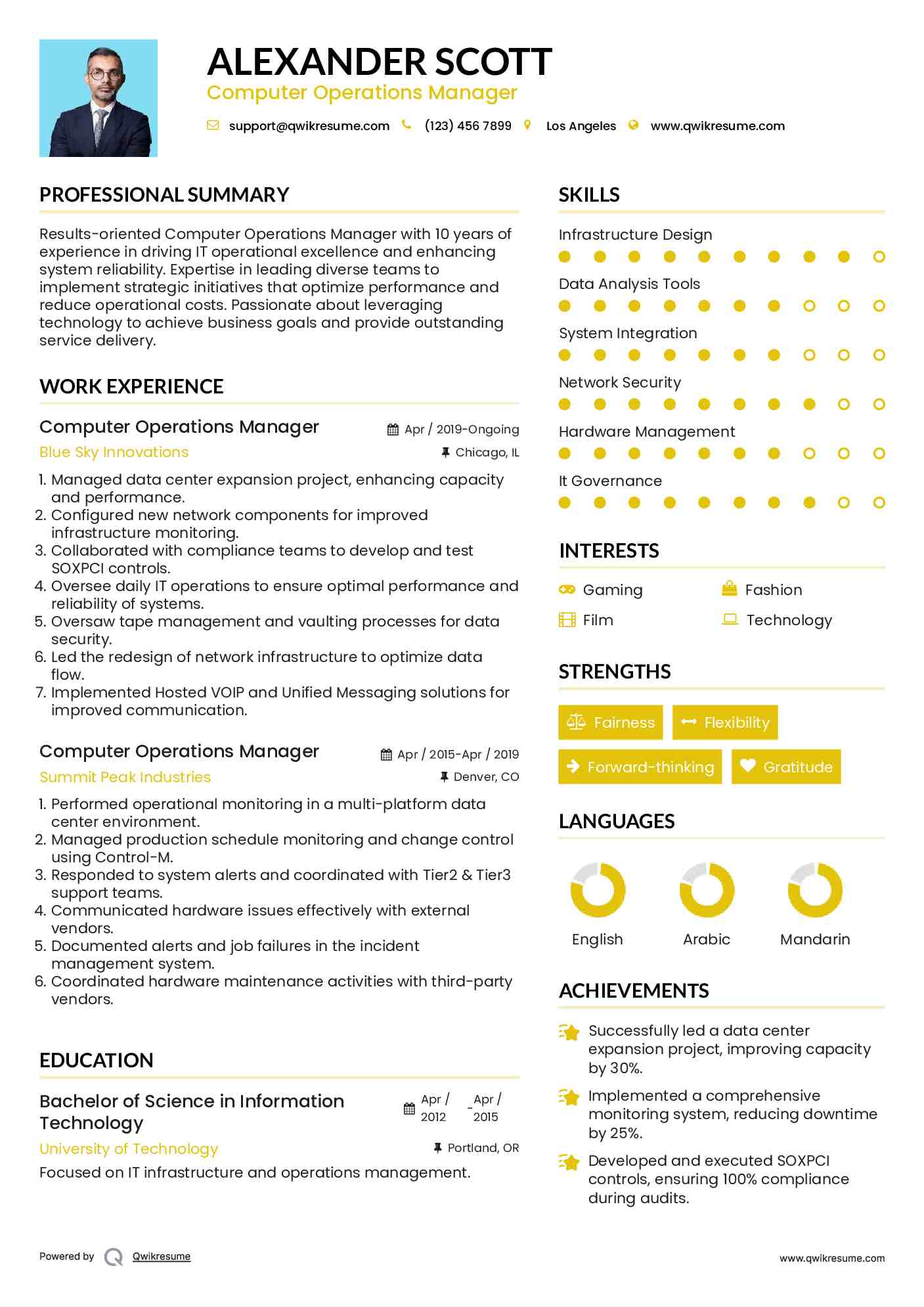 Computer Operations Manager Resume Sample