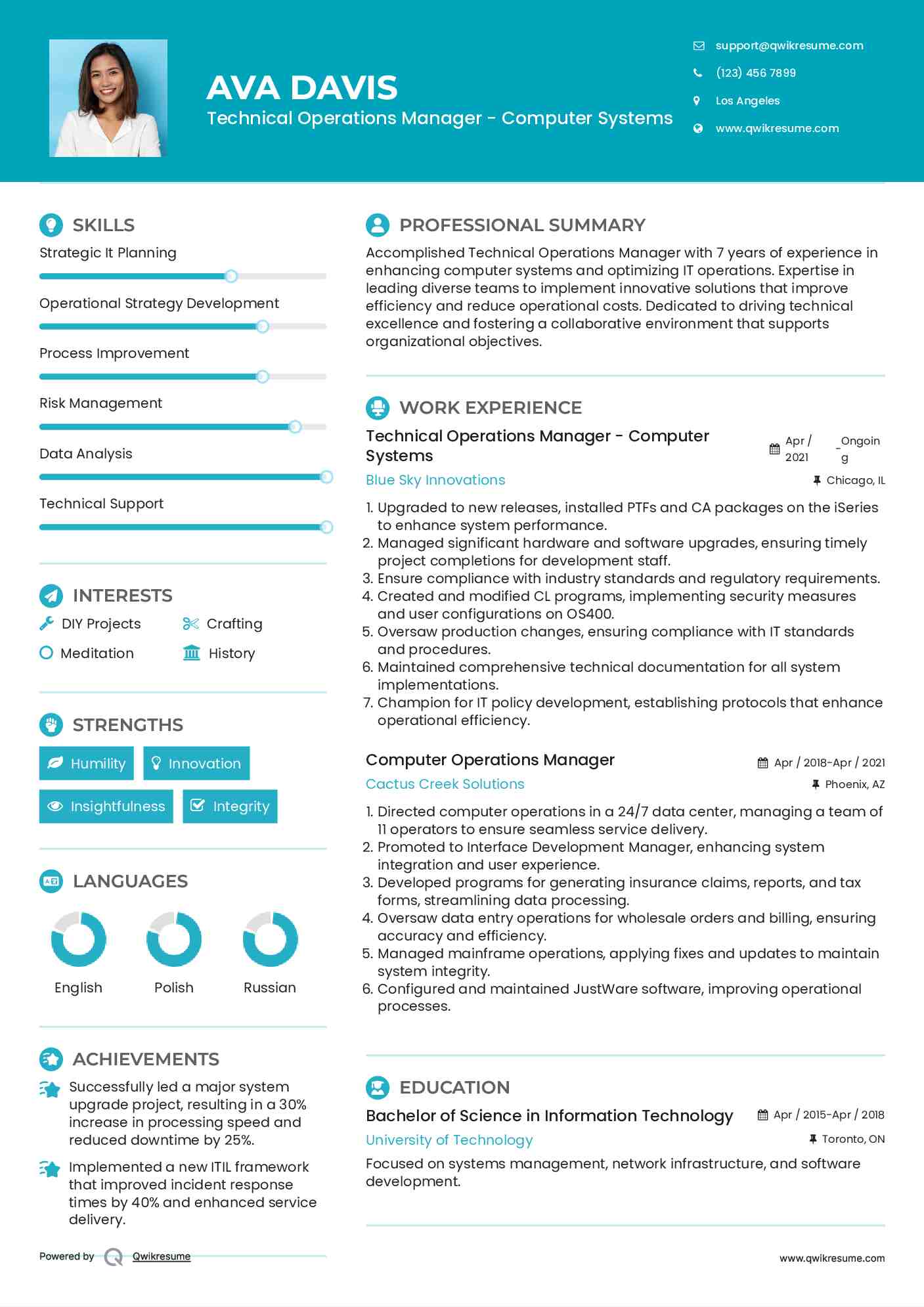 Technical Operations Manager - Computer Systems Resume Sample