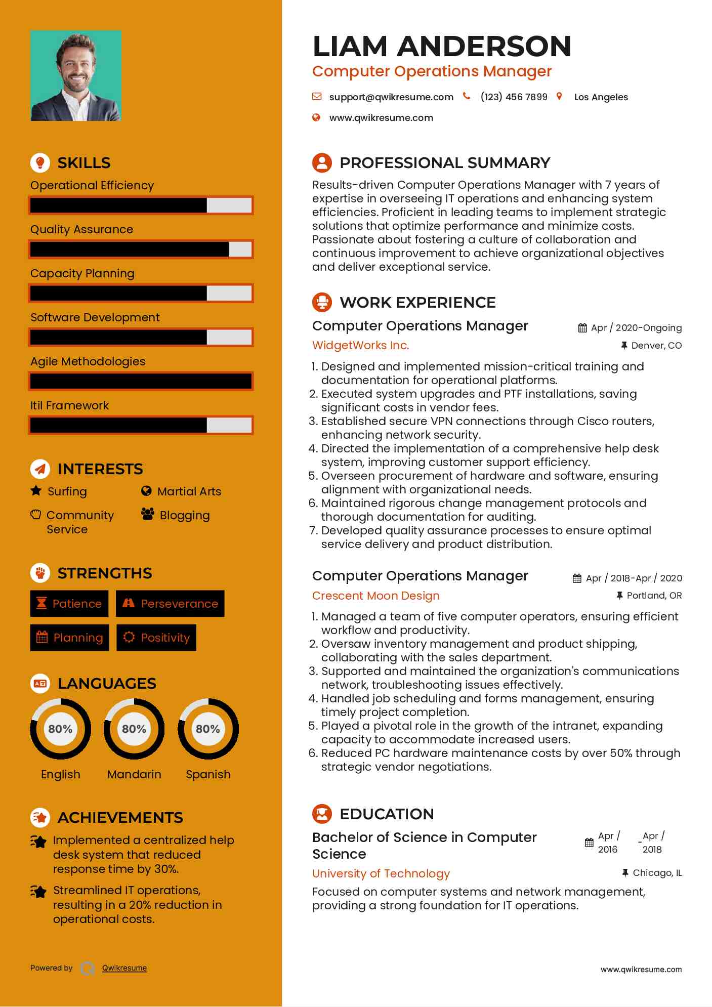 Computer Operations Manager Resume Example