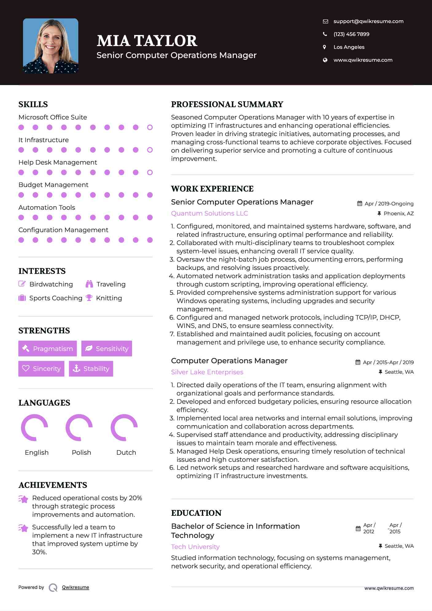 Senior Computer Operations Manager Resume Sample