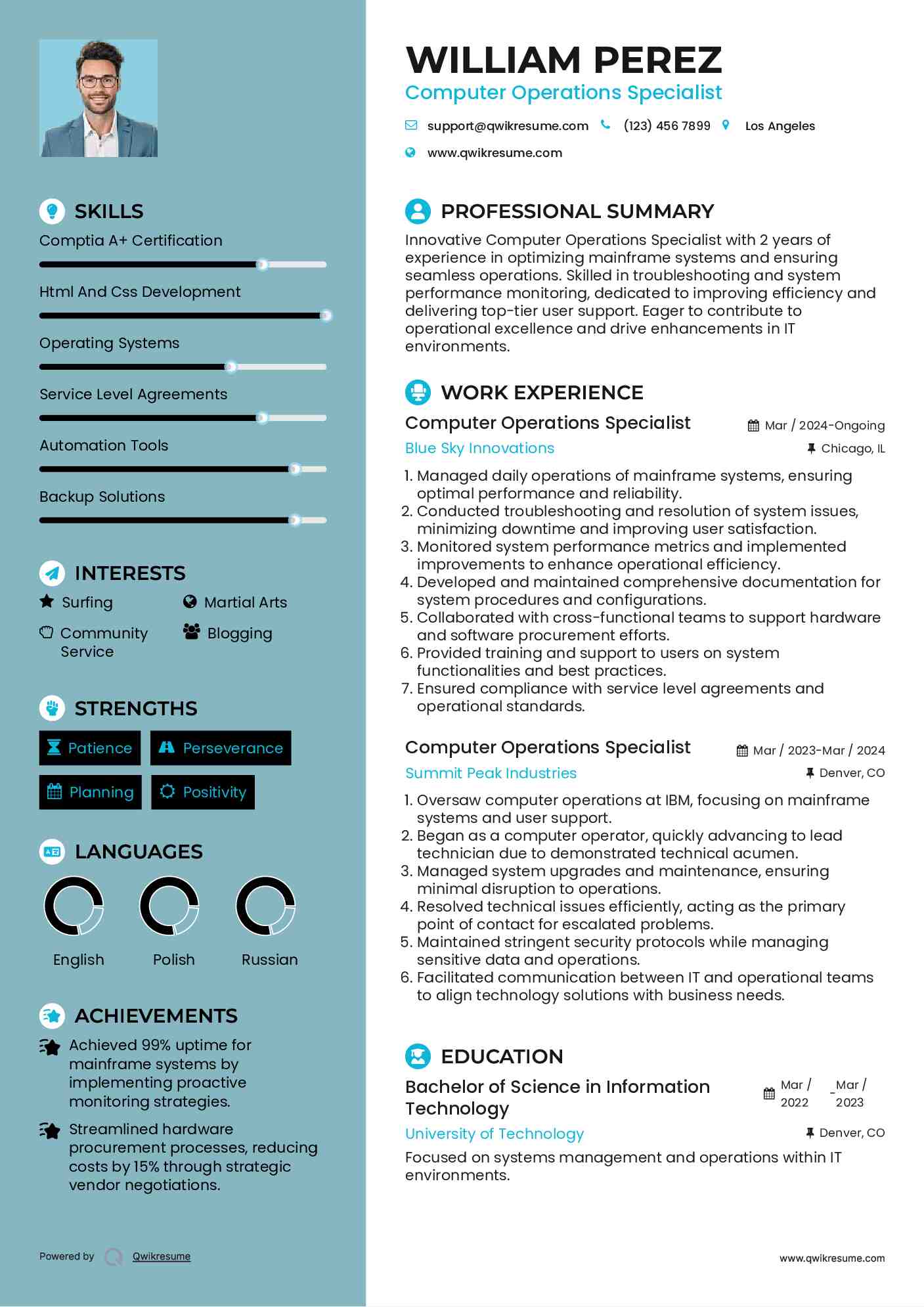 Computer Operations Specialist Resume Model