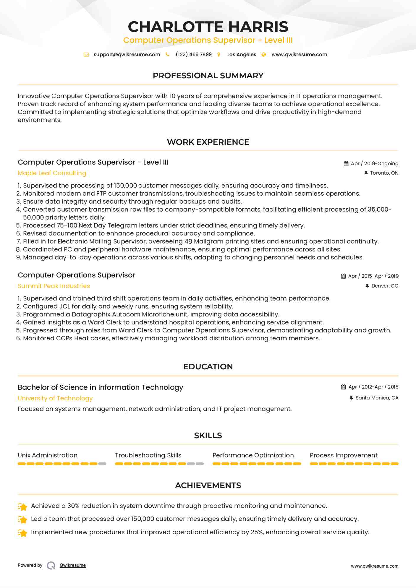 Computer Operations Supervisor - Level III Resume Template