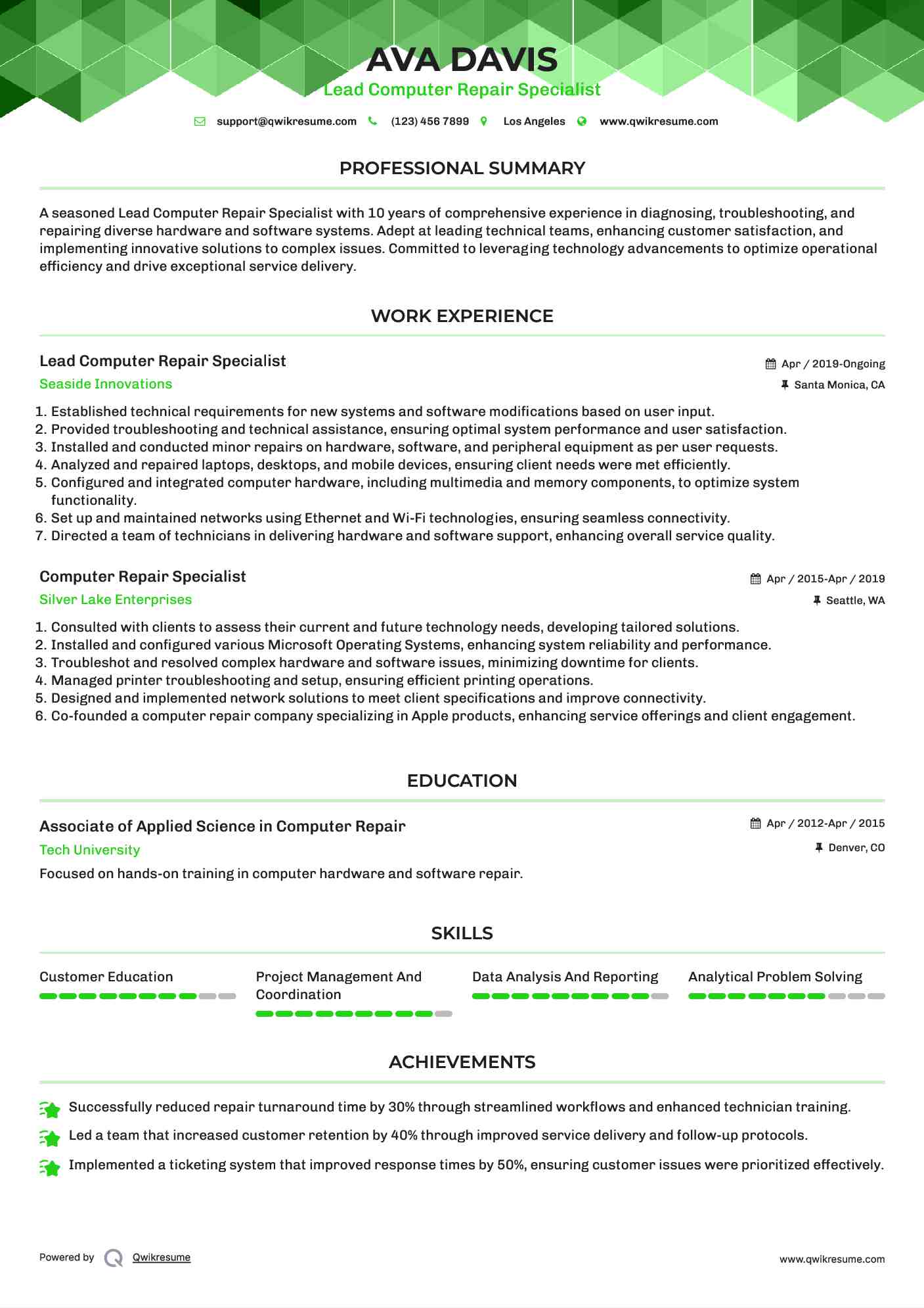 Lead Computer Repair Specialist  Resume Model