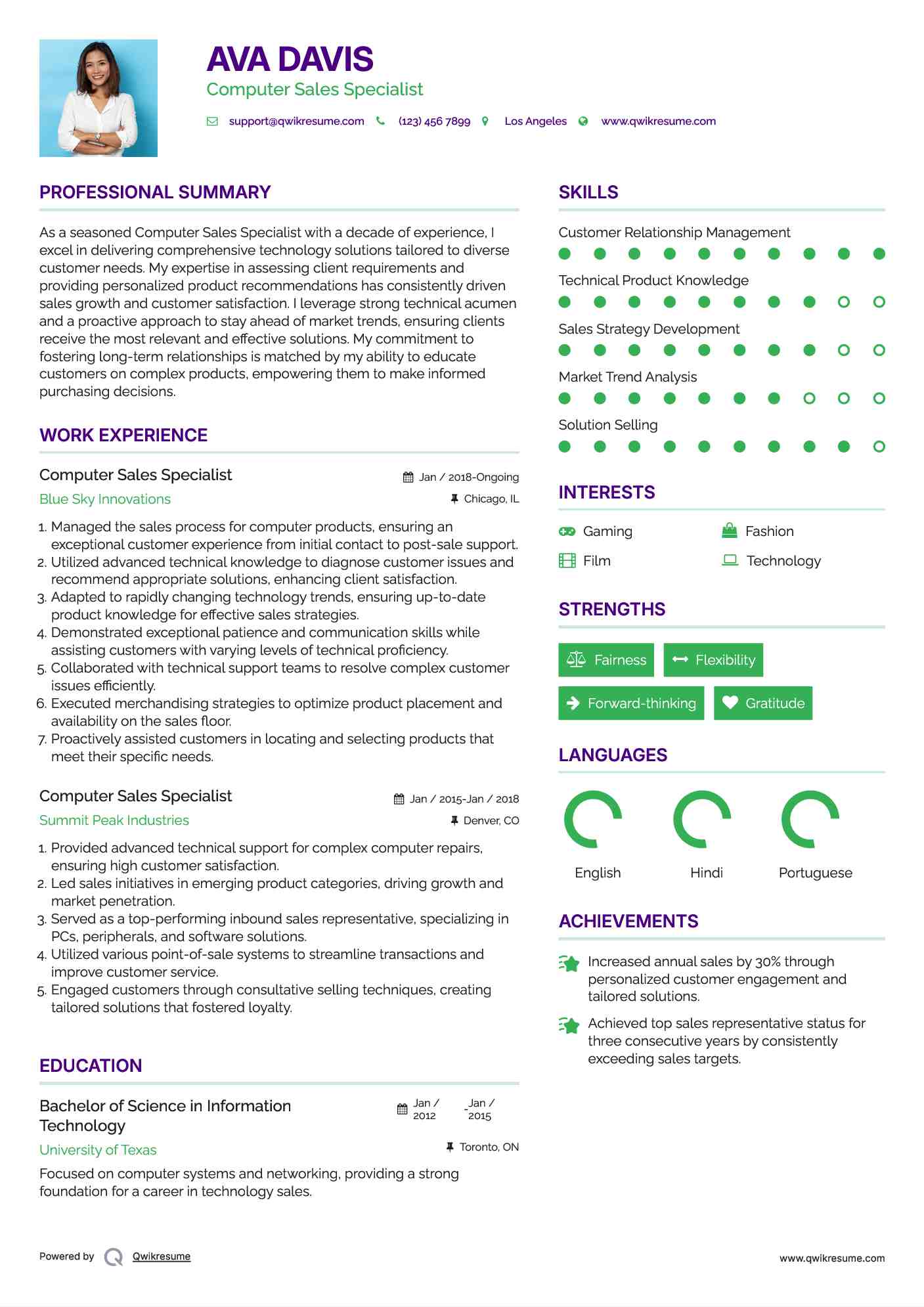 Computer Sales Specialist Resume Sample