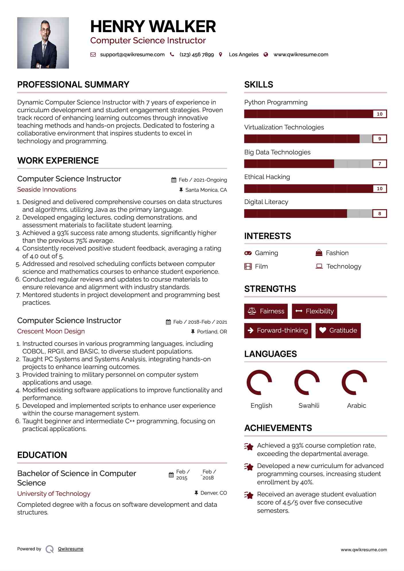 Computer Science Instructor Resume Format