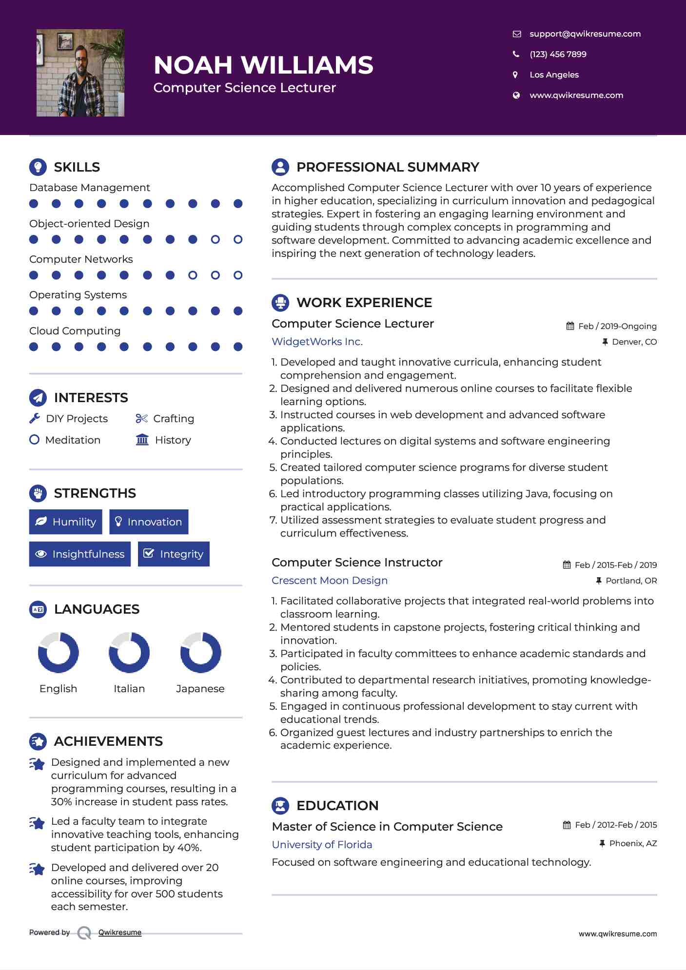 Computer Science Lecturer Resume Sample