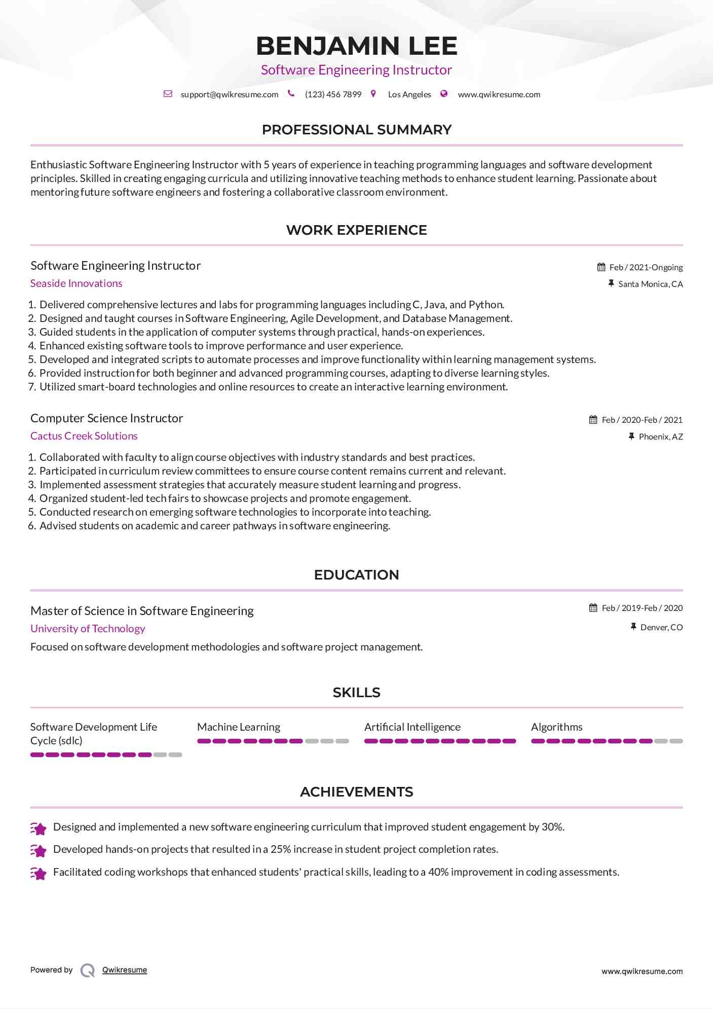 Software Engineering Instructor Resume Example