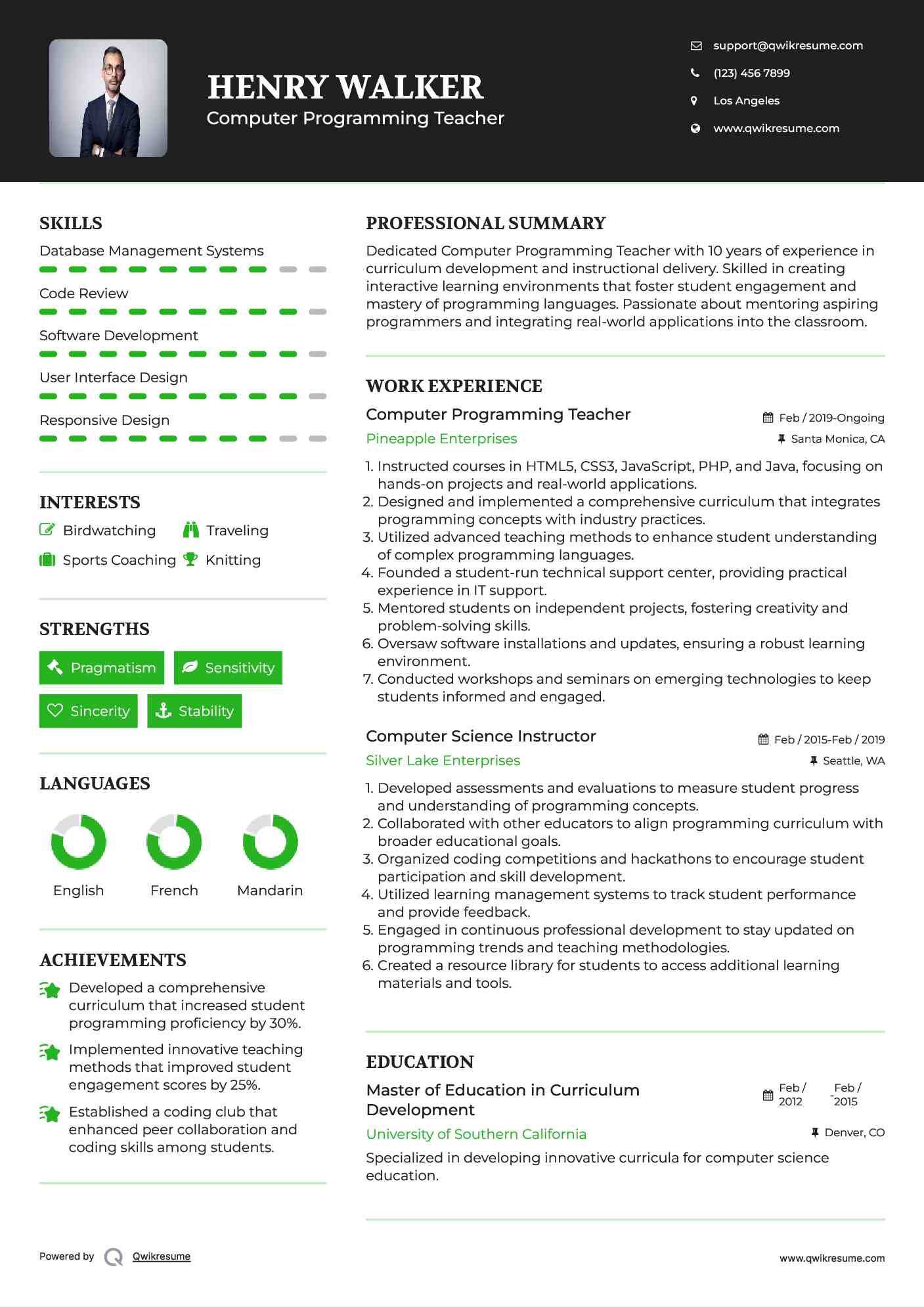 Computer Programming Teacher Resume Template