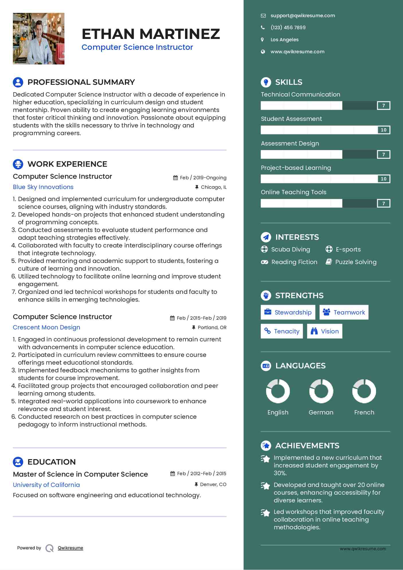 Computer Science Instructor Resume Samples | QwikResume