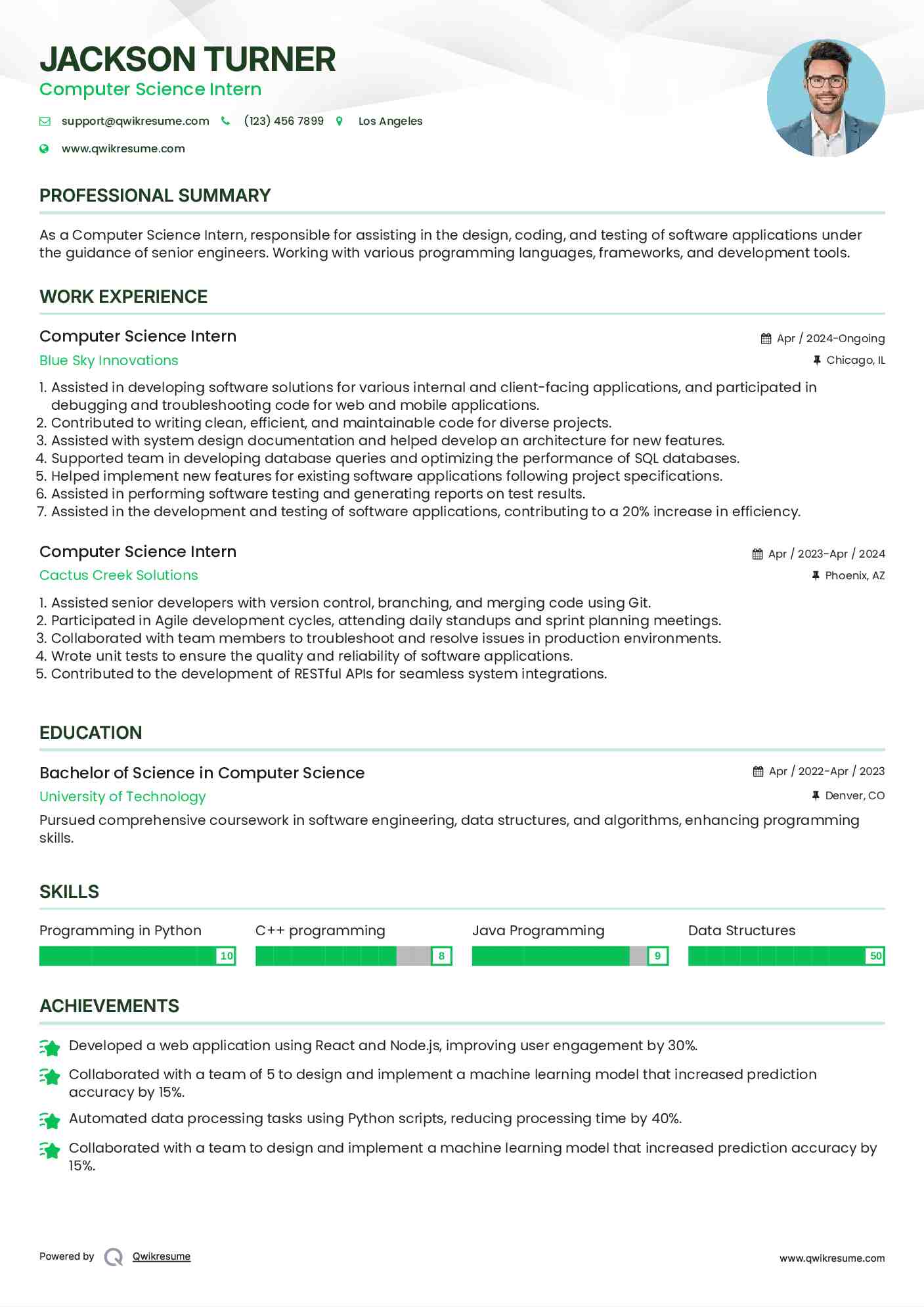 Computer Science Intern Resume Format